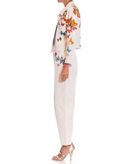 1990S ESCADA White Cotton Denim Butterfly Embroidered Jacket & Jean Ensemble