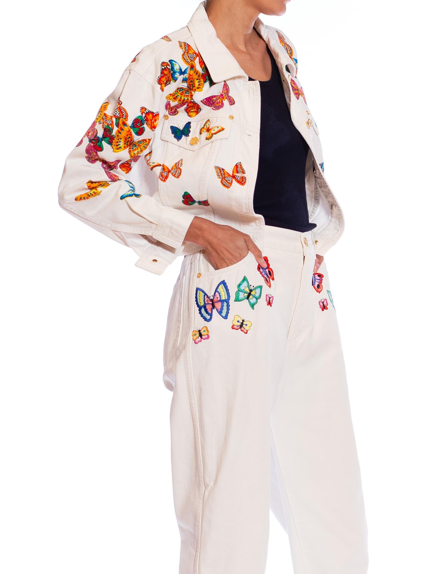 Women's 1990S ESCADA White Cotton Denim Butterfly Embroidered Jacket & Jean Ensemble