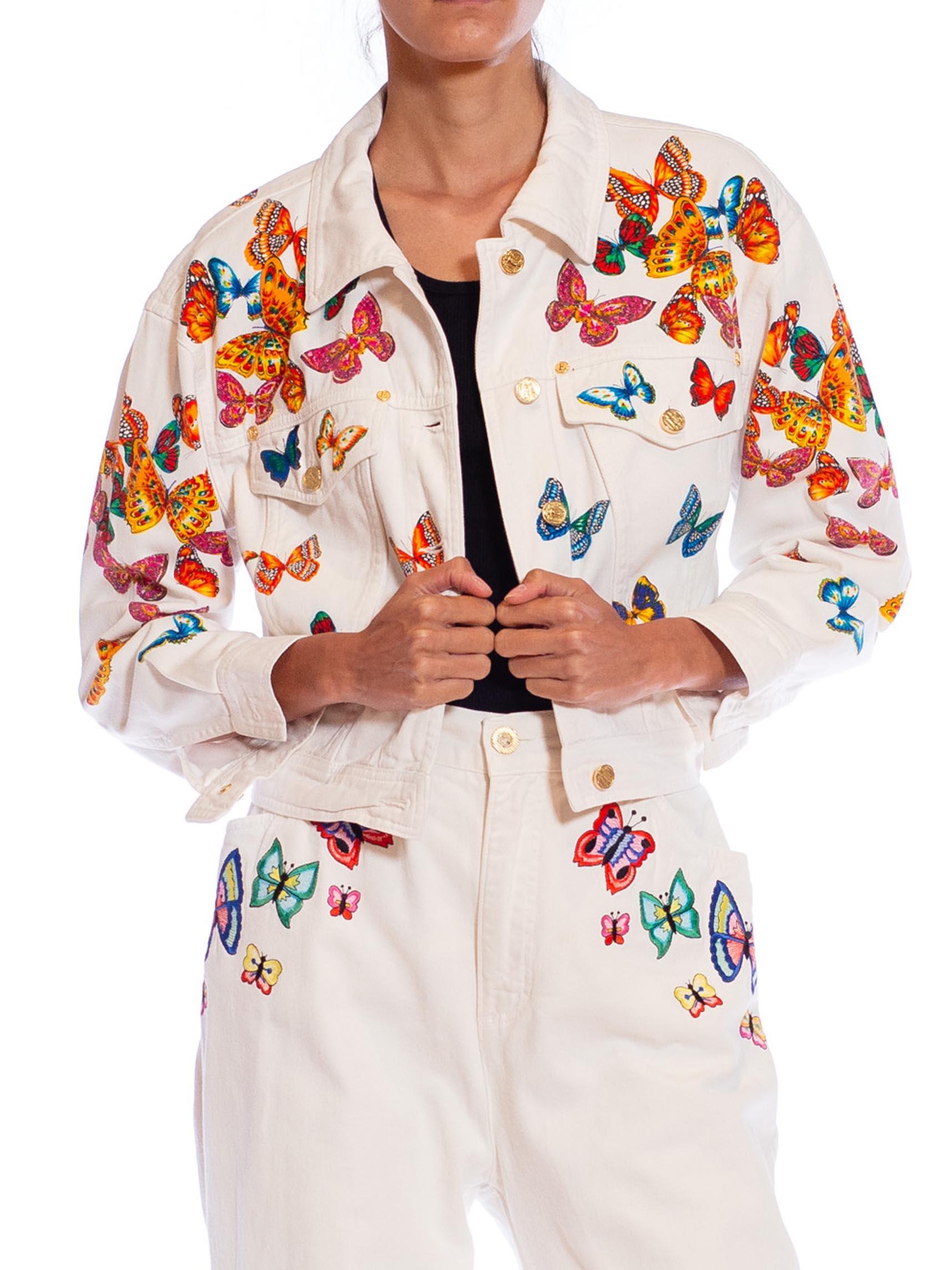 1990S ESCADA White Cotton Denim Butterfly Embroidered Jacket & Jean Ensemble 3