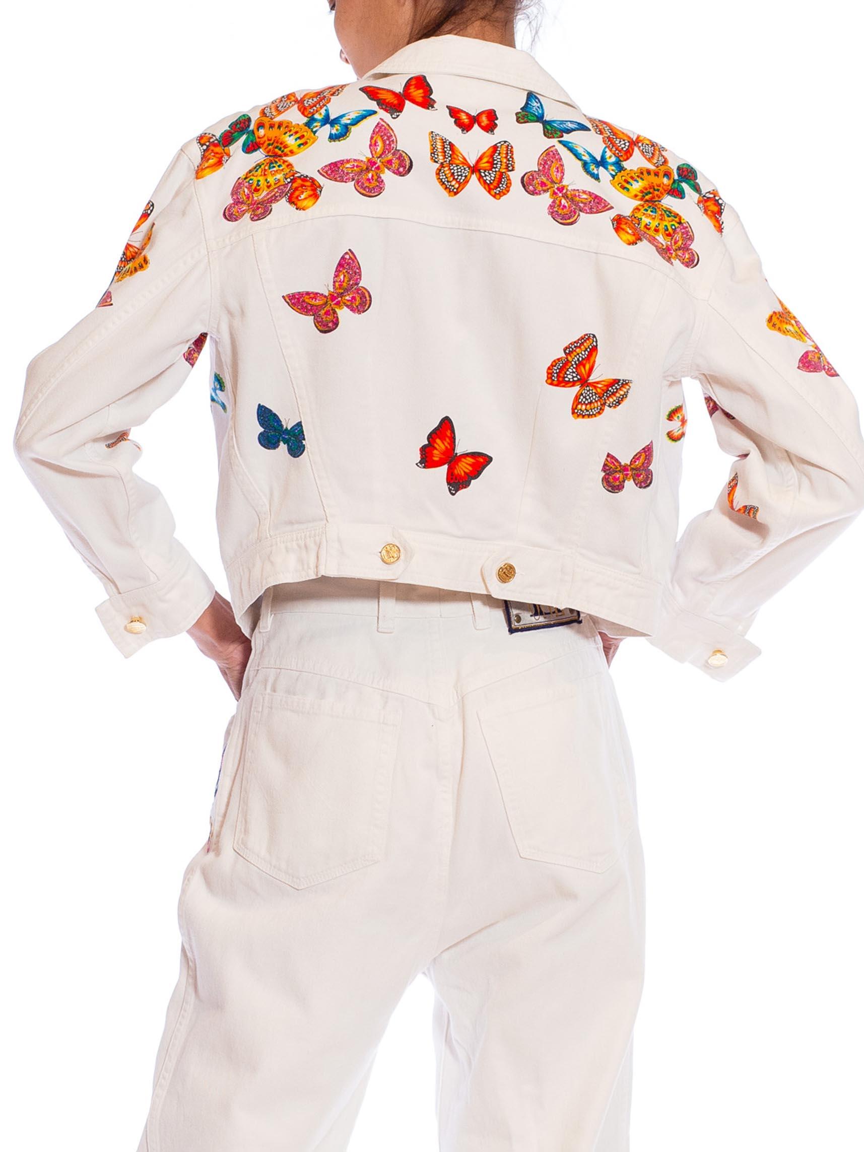 1990S ESCADA White Cotton Denim Butterfly Embroidered Jacket & Jean Ensemble 5