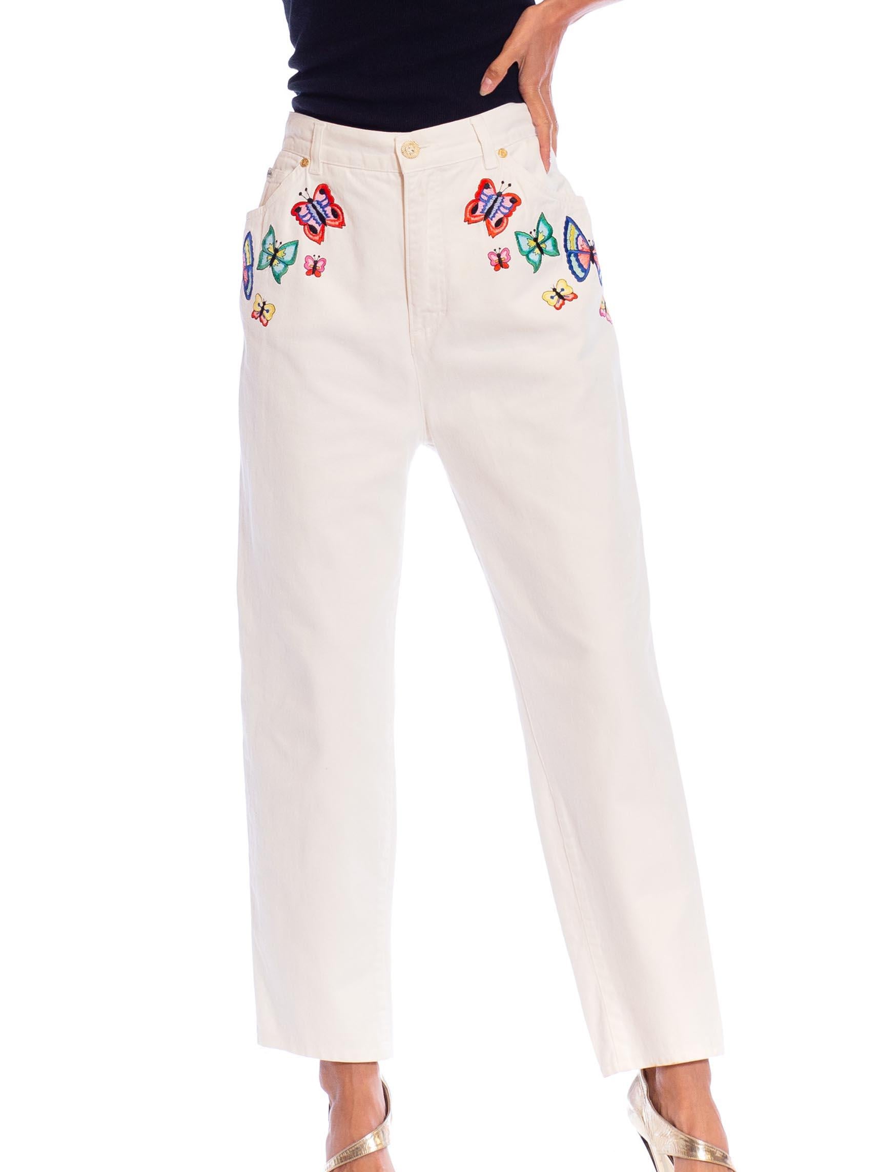1990S ESCADA White Cotton Denim Butterfly Embroidered Jacket & Jean Ensemble 6