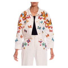 1990S ESCADA White Cotton Denim Butterfly Embroidered Jacket & Jean Ensemble