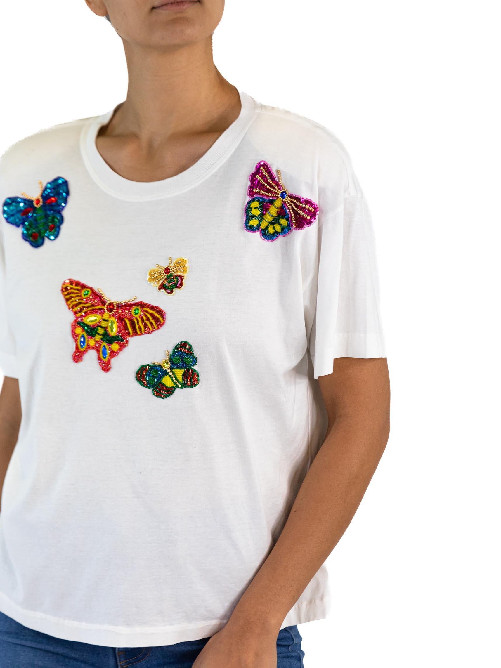1990S ESCADA White Cotton Jersey Butterfly Sequin T-Shirt In Excellent Condition For Sale In New York, NY