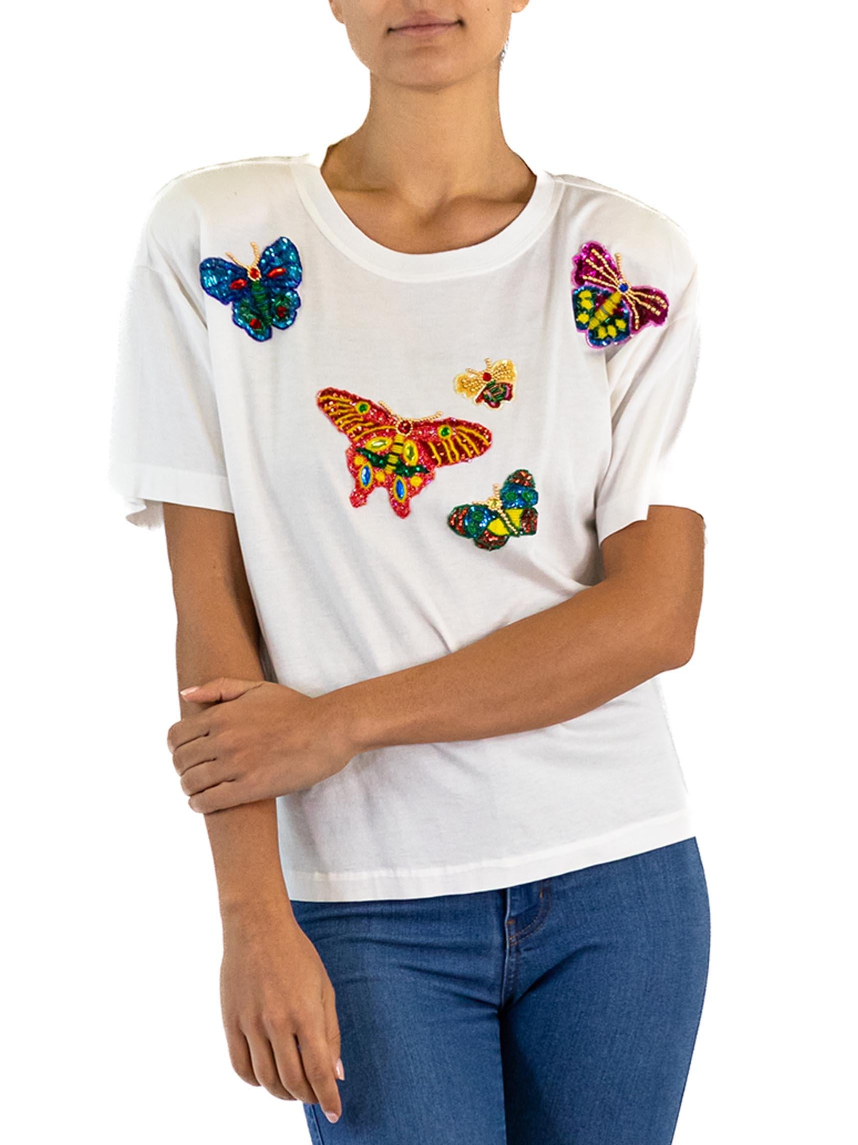 1990S ESCADA White Cotton Jersey Butterfly Sequin T-Shirt For Sale 2