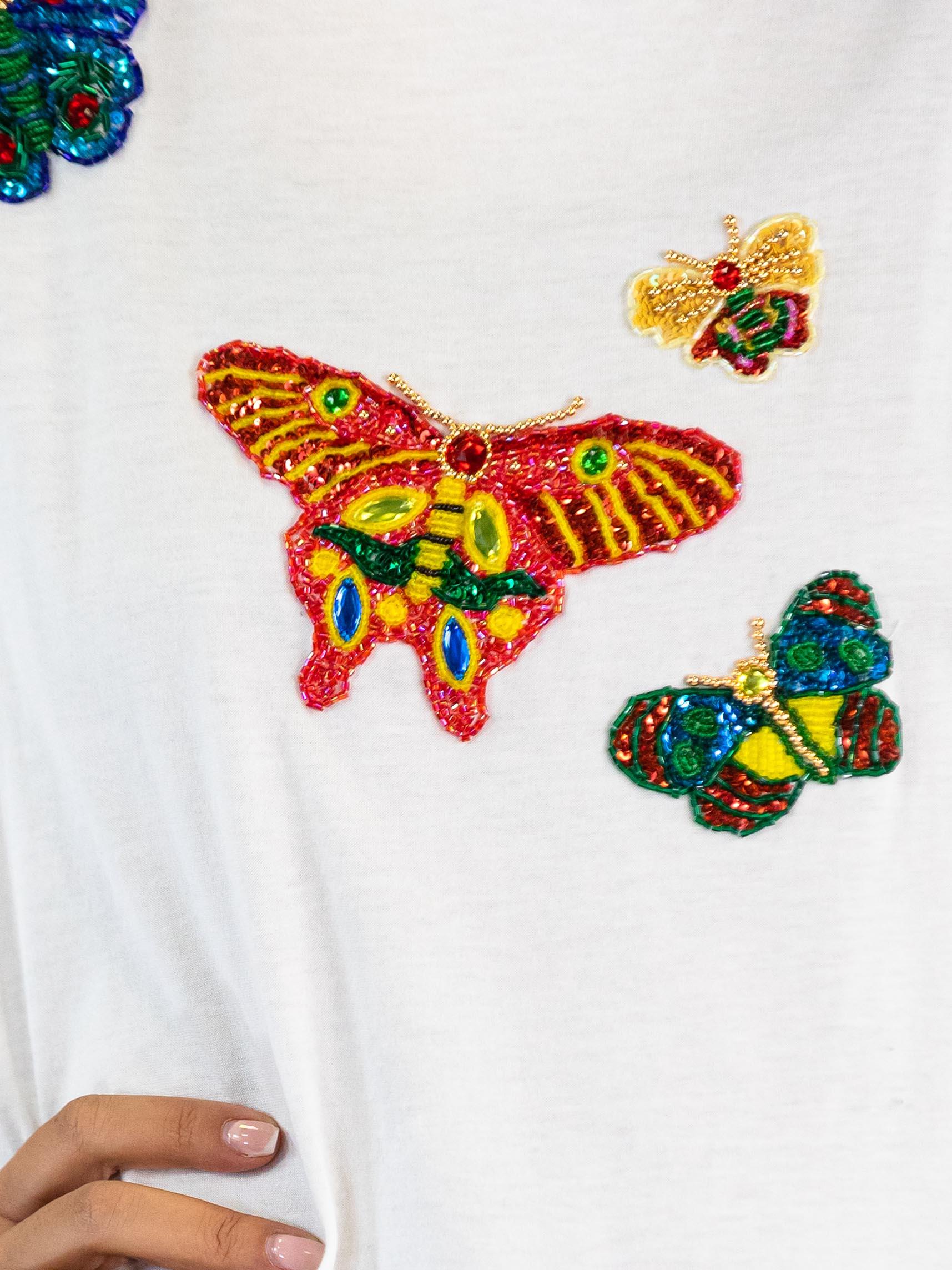 1990S ESCADA White Cotton Jersey Butterfly Sequin T-Shirt For Sale 3