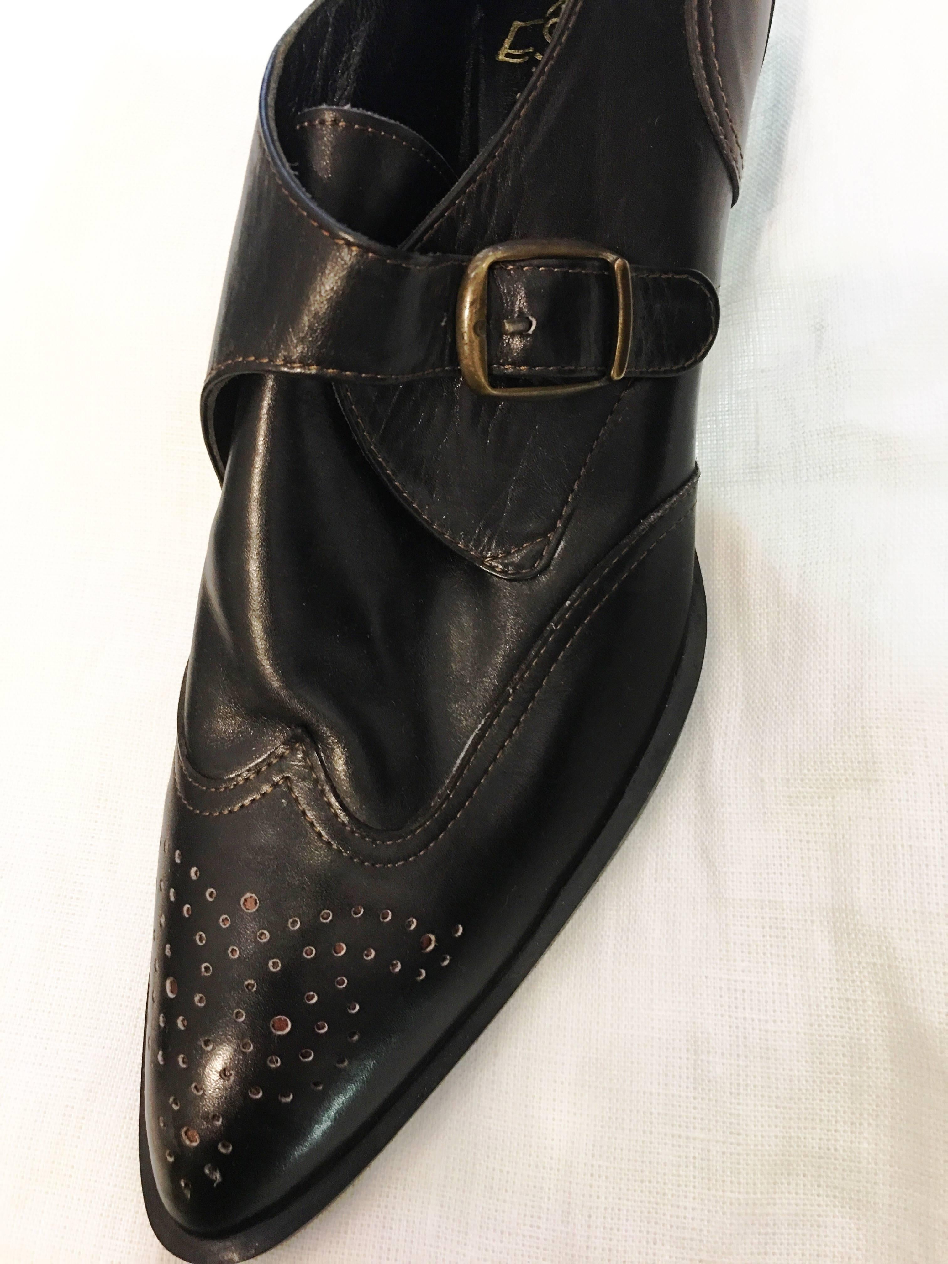 1990s Espace Black Leather Buckled Below Ankle Boots/Loafers For Sale 3