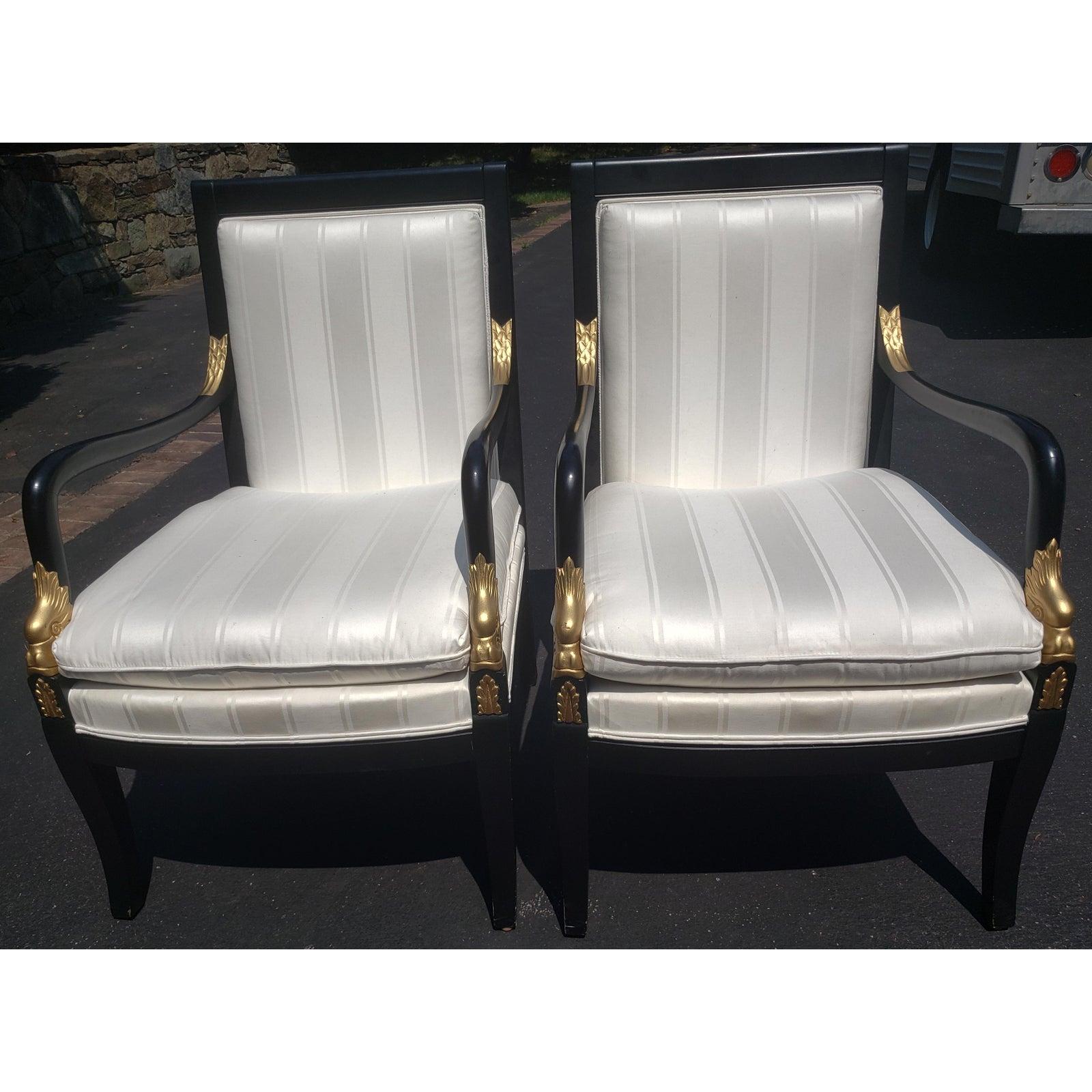 Ethan Allen gilded upholstered lounge arm chairs with accent pillows. Excellent condition. Chair measures 23
