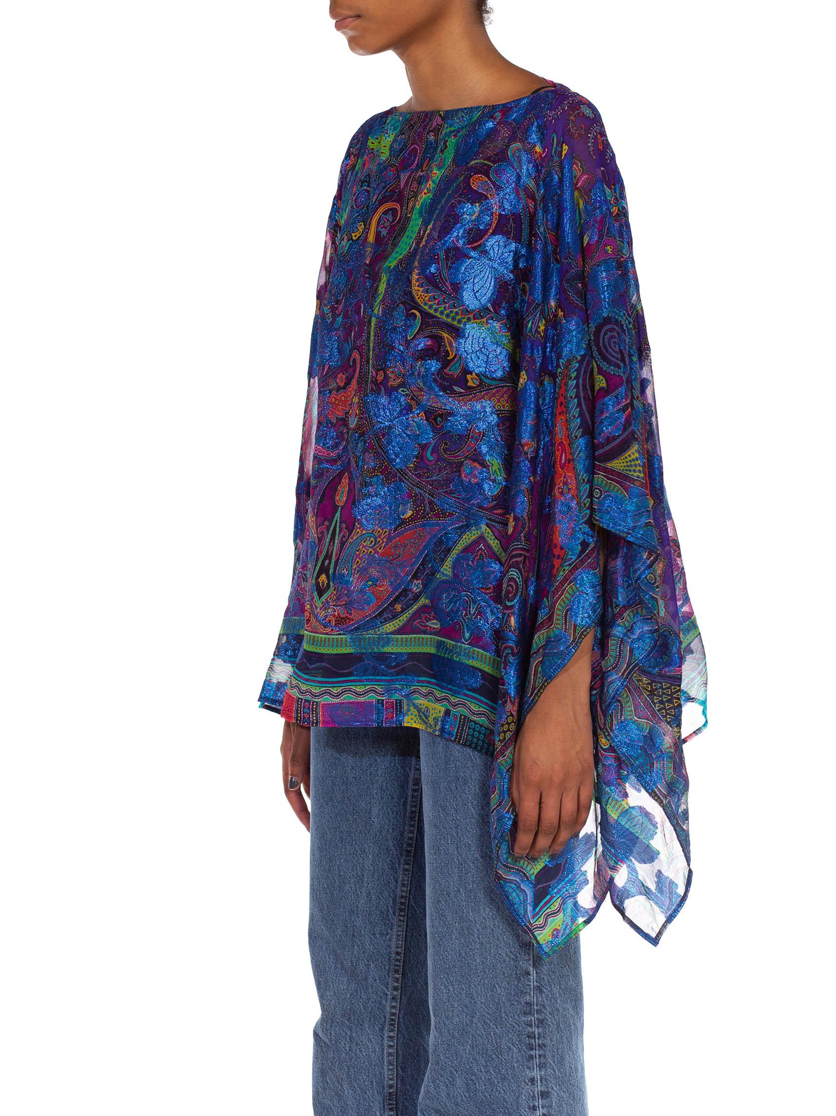 1990S ETRO Electric Blue  Silk & Lurex Burnout Chiffon Paisley Butterfly Print  In Excellent Condition In New York, NY