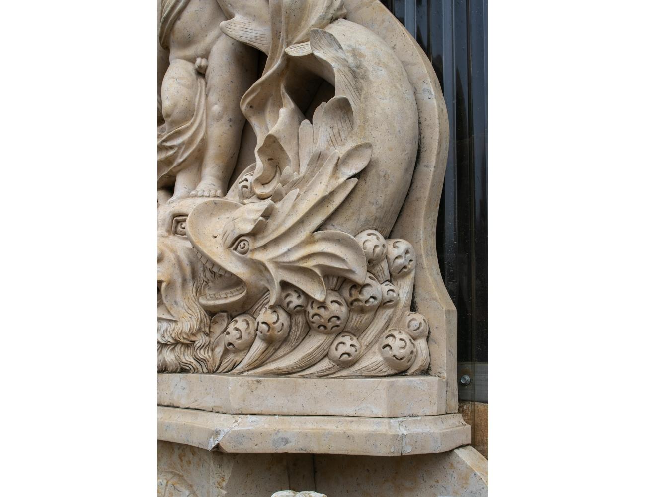 1990s European Hand Carved Cherub Marble Wall Fountain with POOL Surround 5
