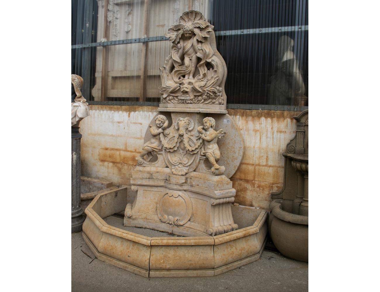 1990s European monumental hand carved cherub marble fountain with surround pool.