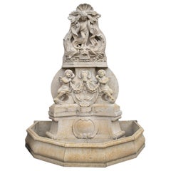 1990s European Hand Carved Cherub Marble Wall Fountain with POOL Surround