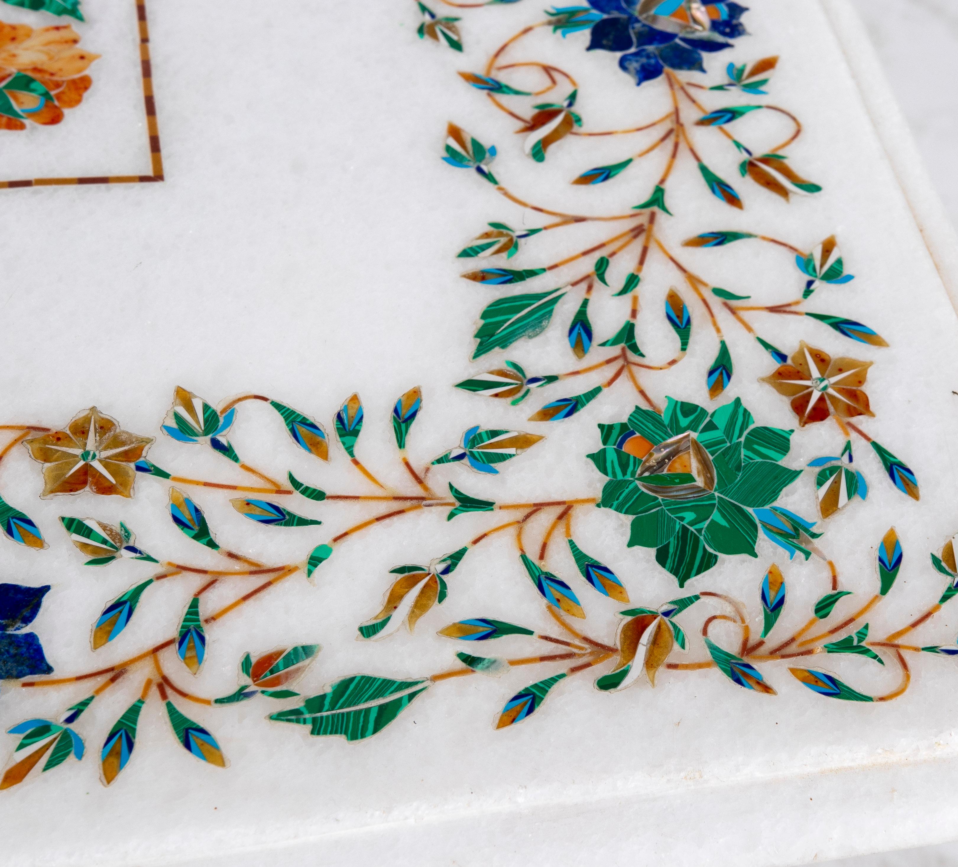 1990s European Pietra Dura Mosaic Inlay White Marble Square Table Top For Sale 11
