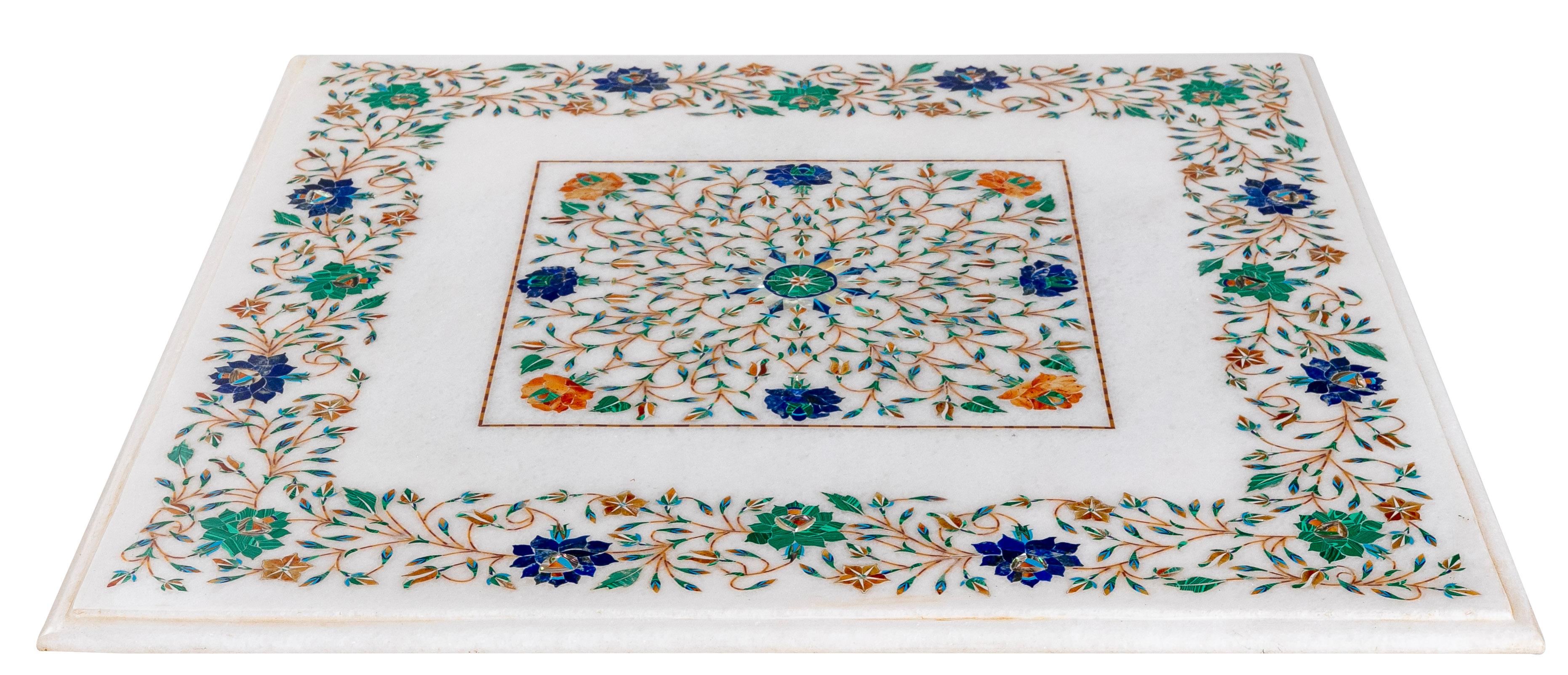 Classical 1990s Spanish Pietra Dura mosaic inlay white marble square table top with intricate geometric and plant ornamentation using gemstones, including blue lapis lazuli, green malachite, mother-of-pearl, and turquoise.