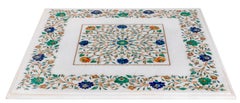 Piano del tavolo quadrato in marmo bianco con intarsi in pietra dura degli anni '90