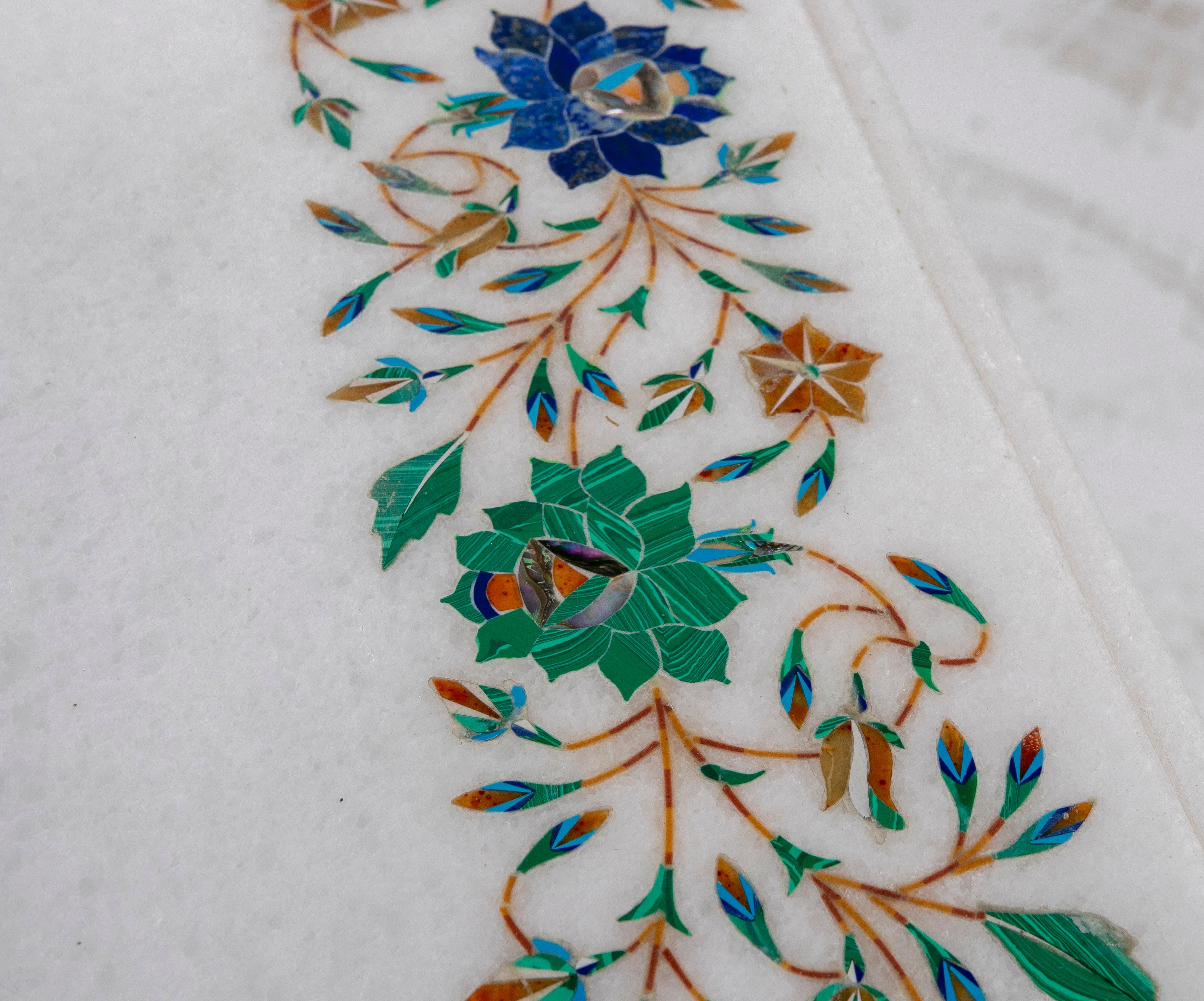 1990s European Pietra Dura Mosaic Inlay White Marble Square Table Top For Sale 5