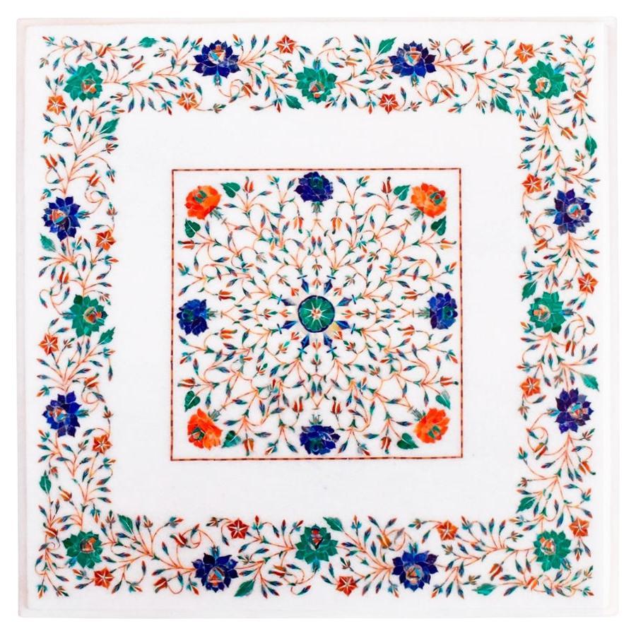 1990s European Pietra Dura Mosaic Inlay White Marble Square Table Top