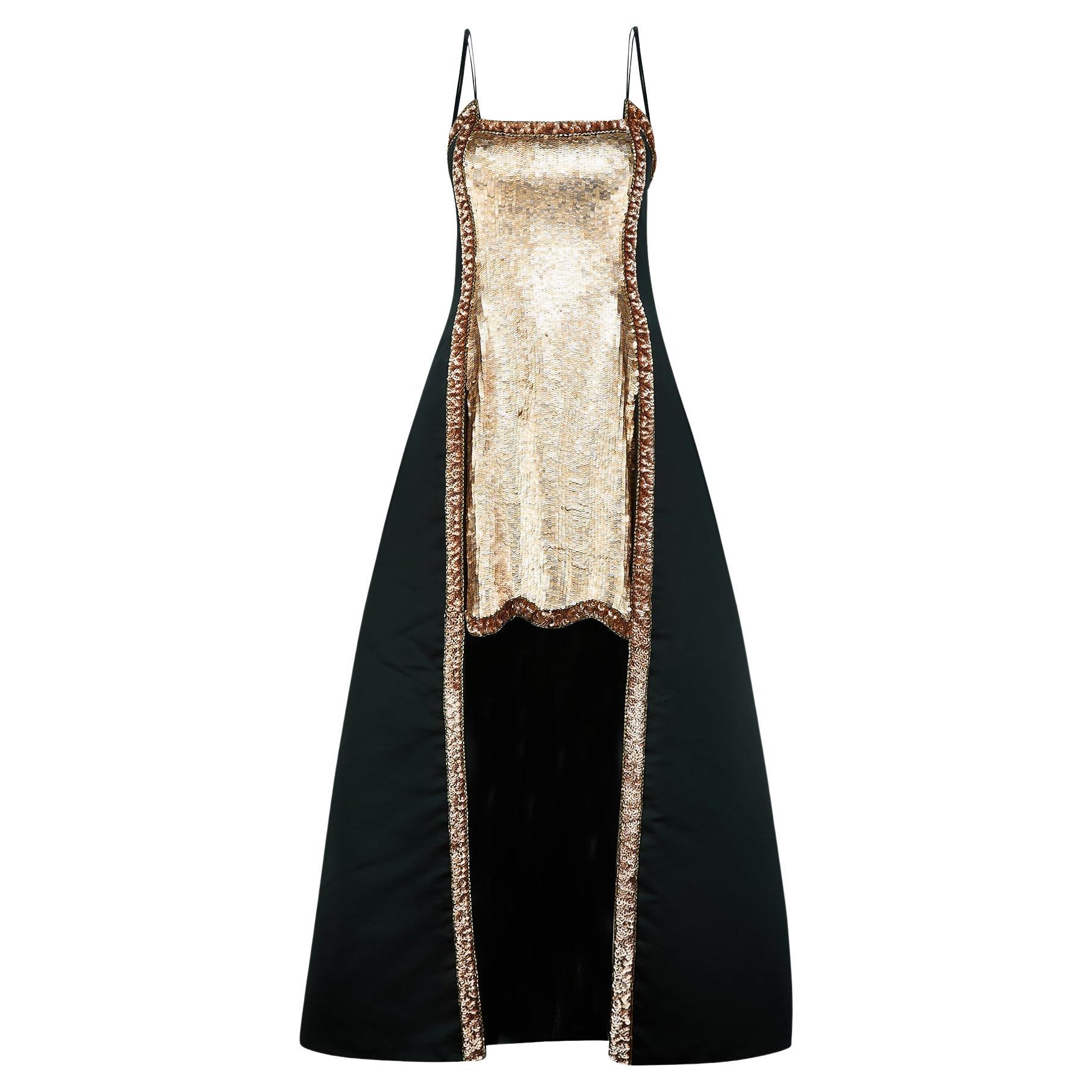 1990er Fabrice Schwarzes Satin-Kleid mit roségoldener Paillettenfront im Angebot