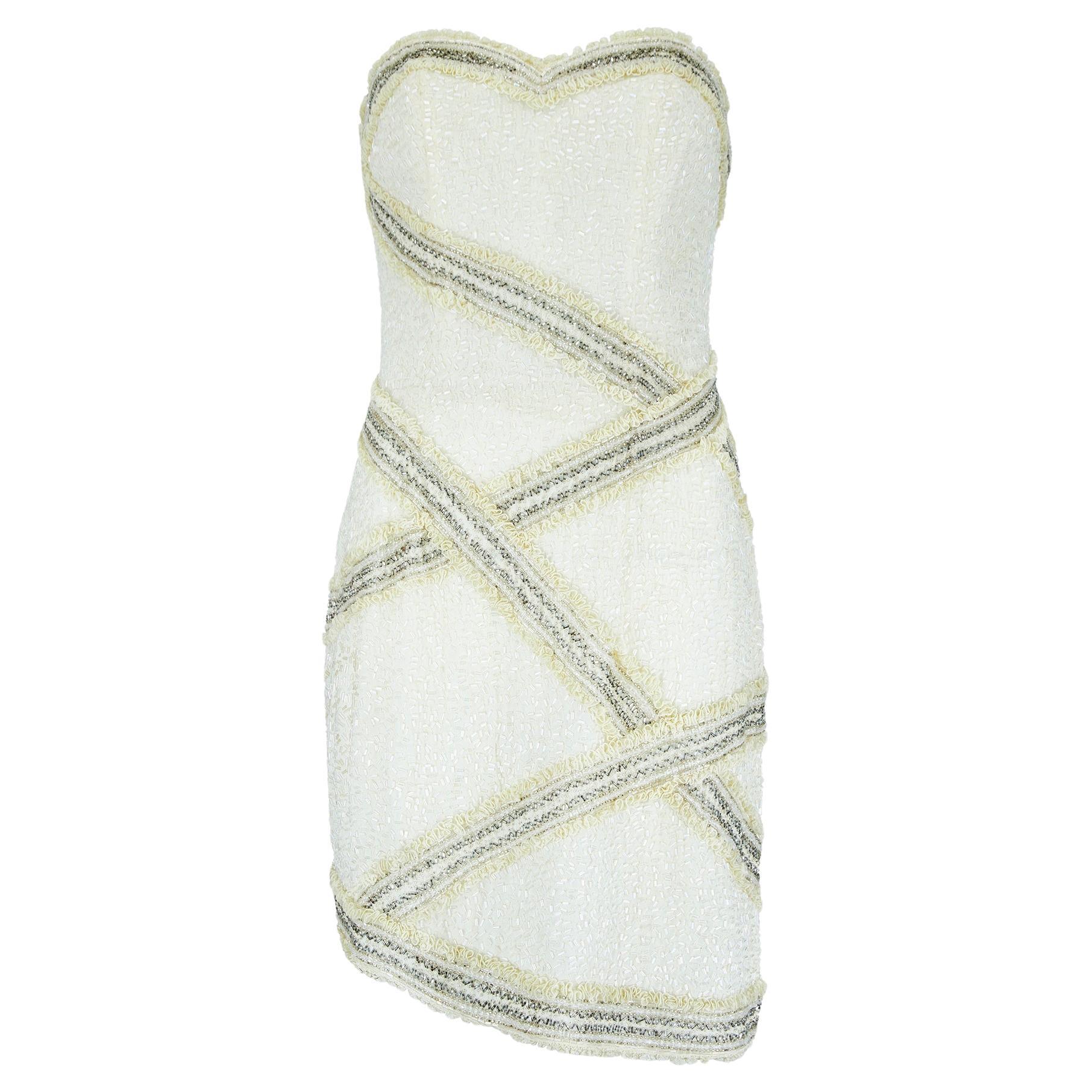 1990s Fabrice Cream Beaded and Lace Strapless Dress For Sale