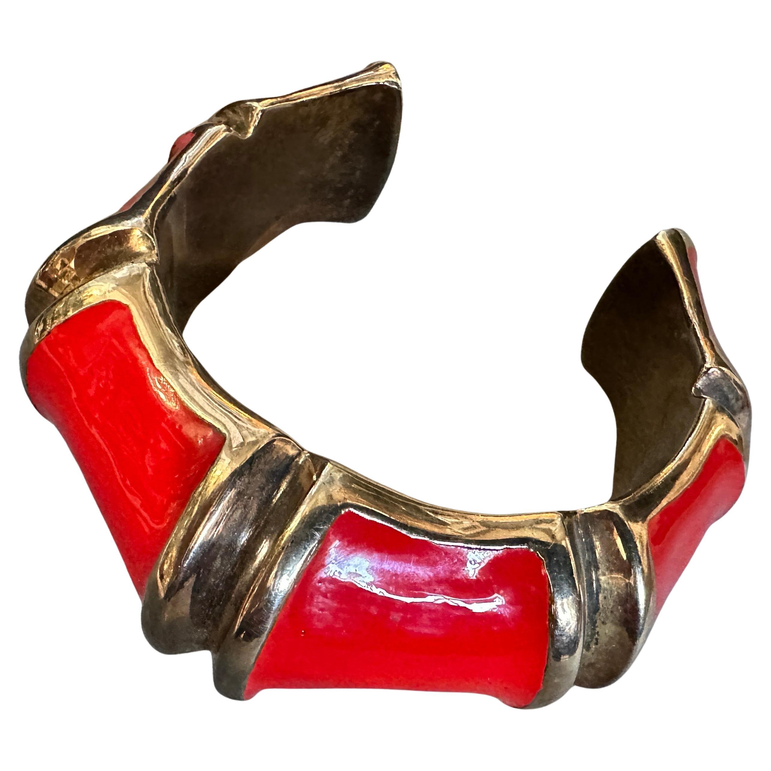Bracciale anni '90 in finto bambù, ottone e lacca rossa di FRALEONI