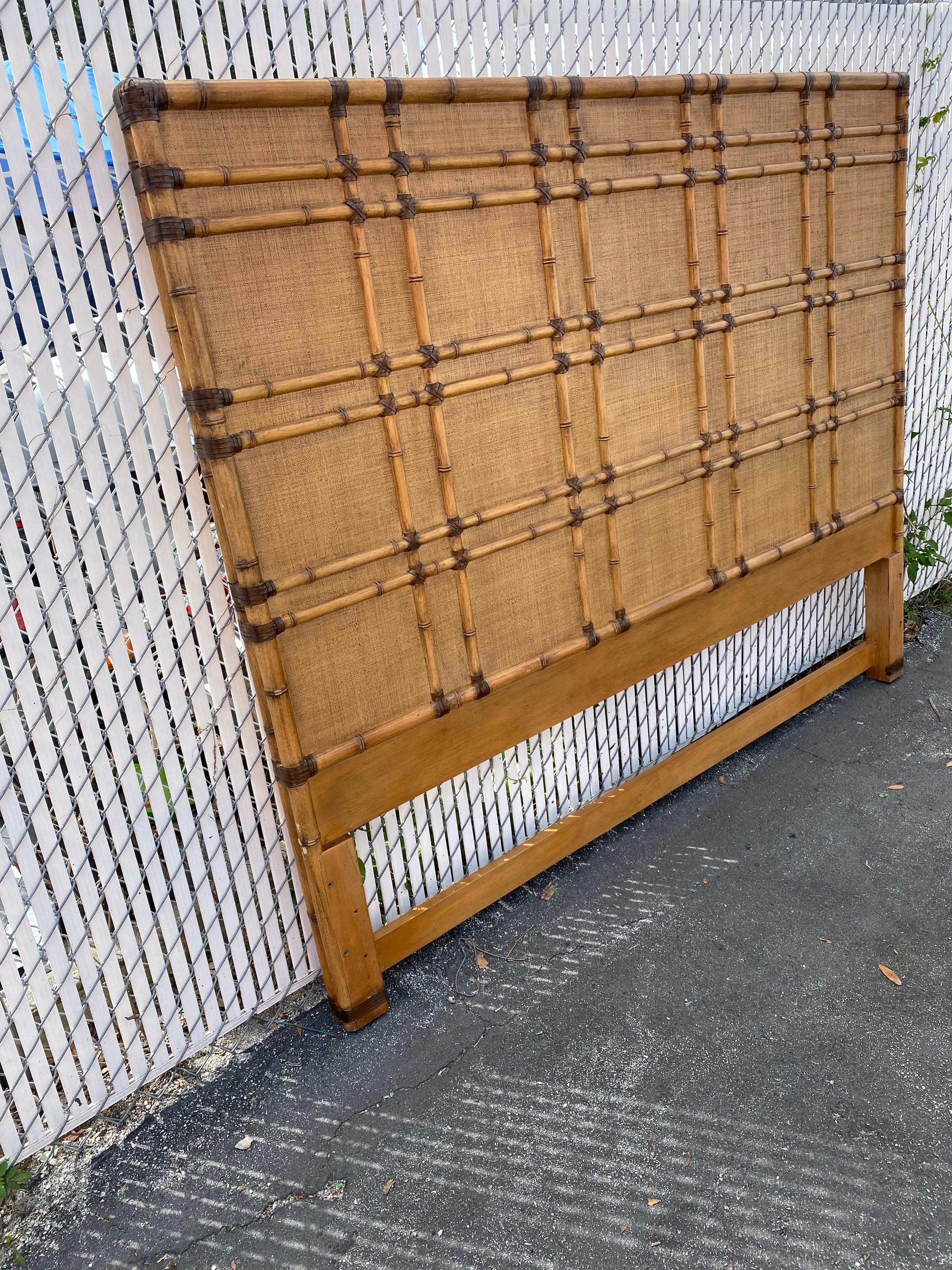 1990s Faux Rattan Bamboo Cane Leather Textured King Headboard For Sale 2