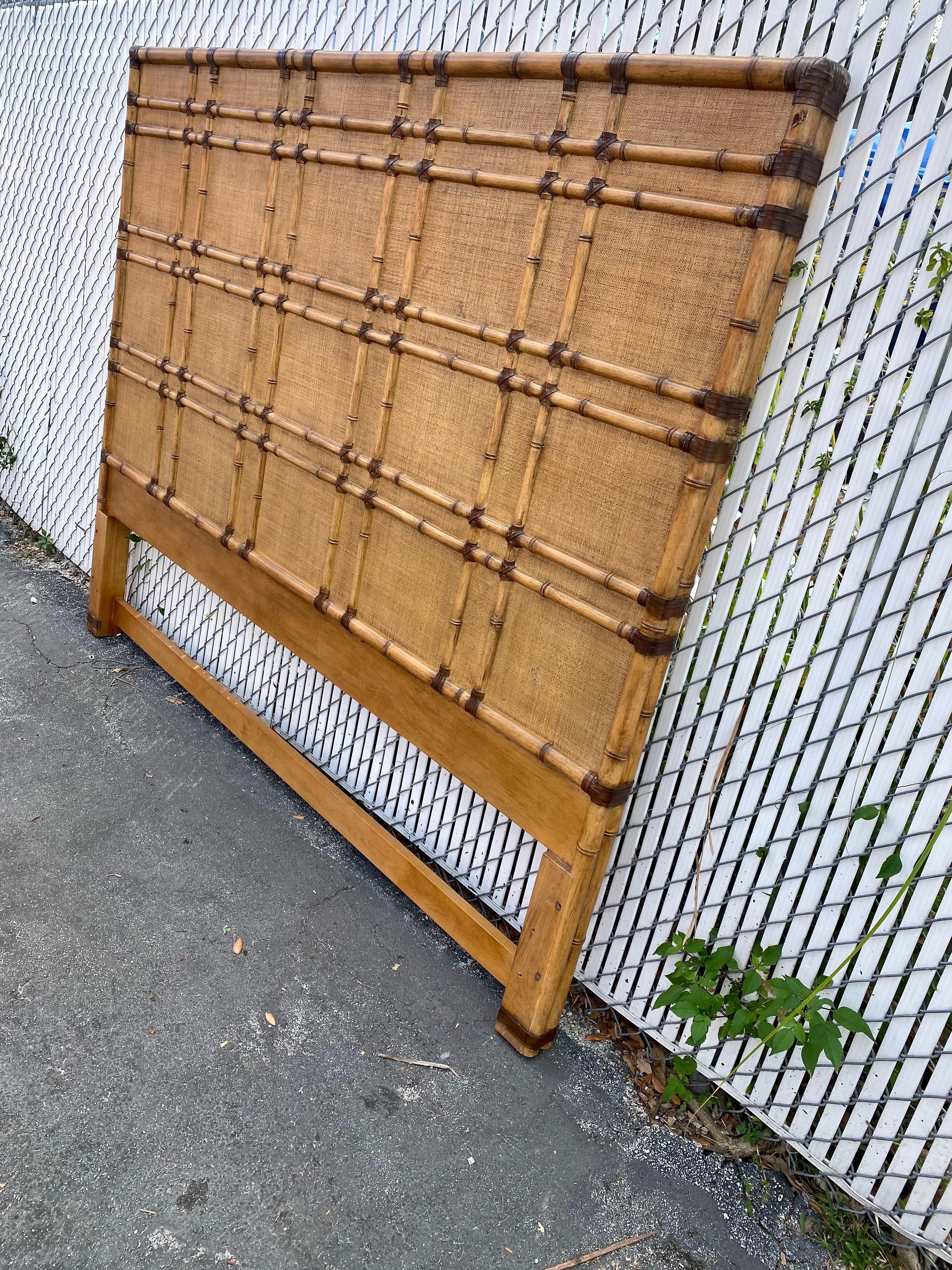 1990s Faux Rattan Bamboo Cane Leather Textured King Headboard For Sale 5