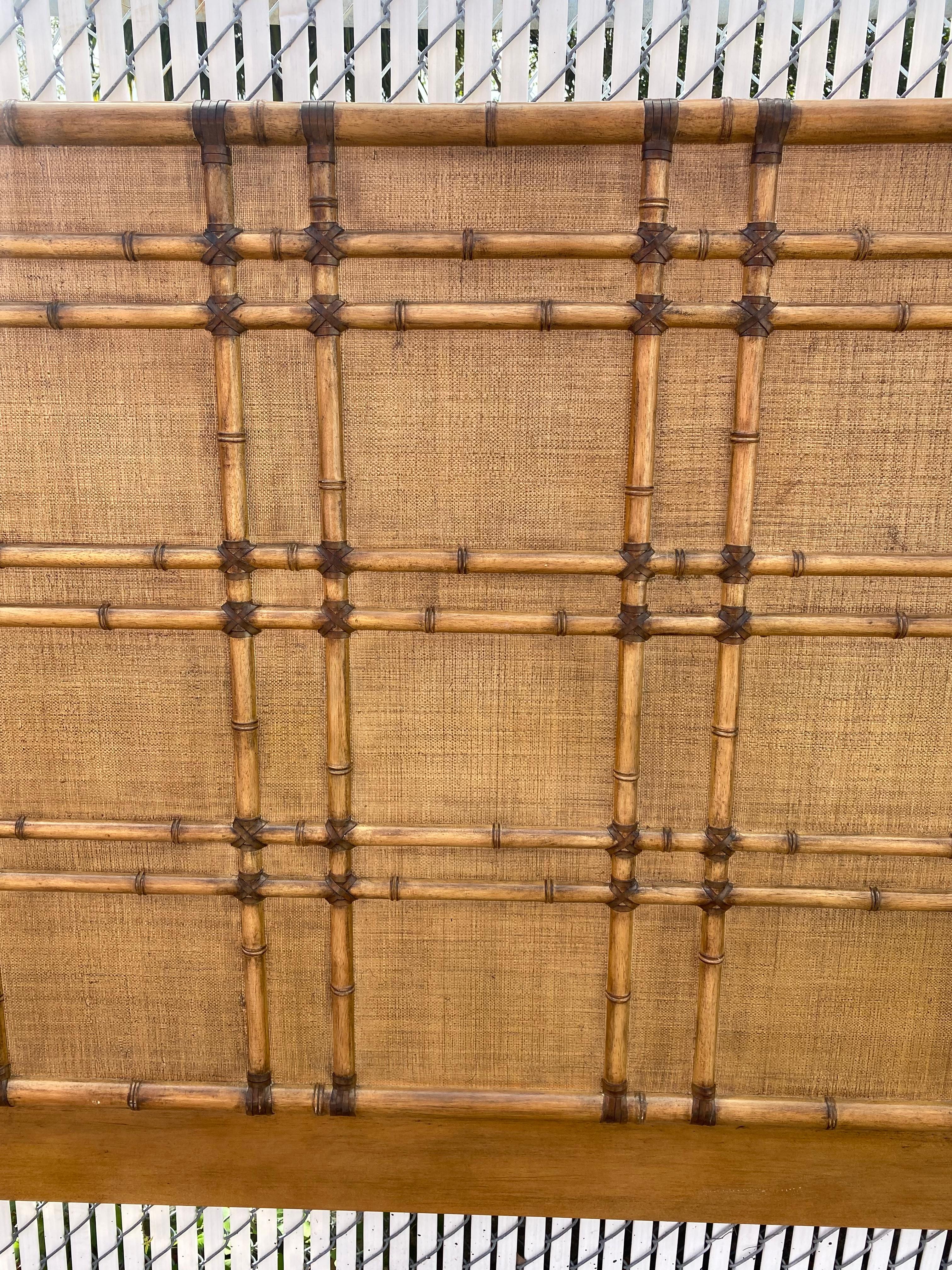 Chinoiserie 1990s Faux Rattan Bamboo Cane Leather Textured King Headboard For Sale