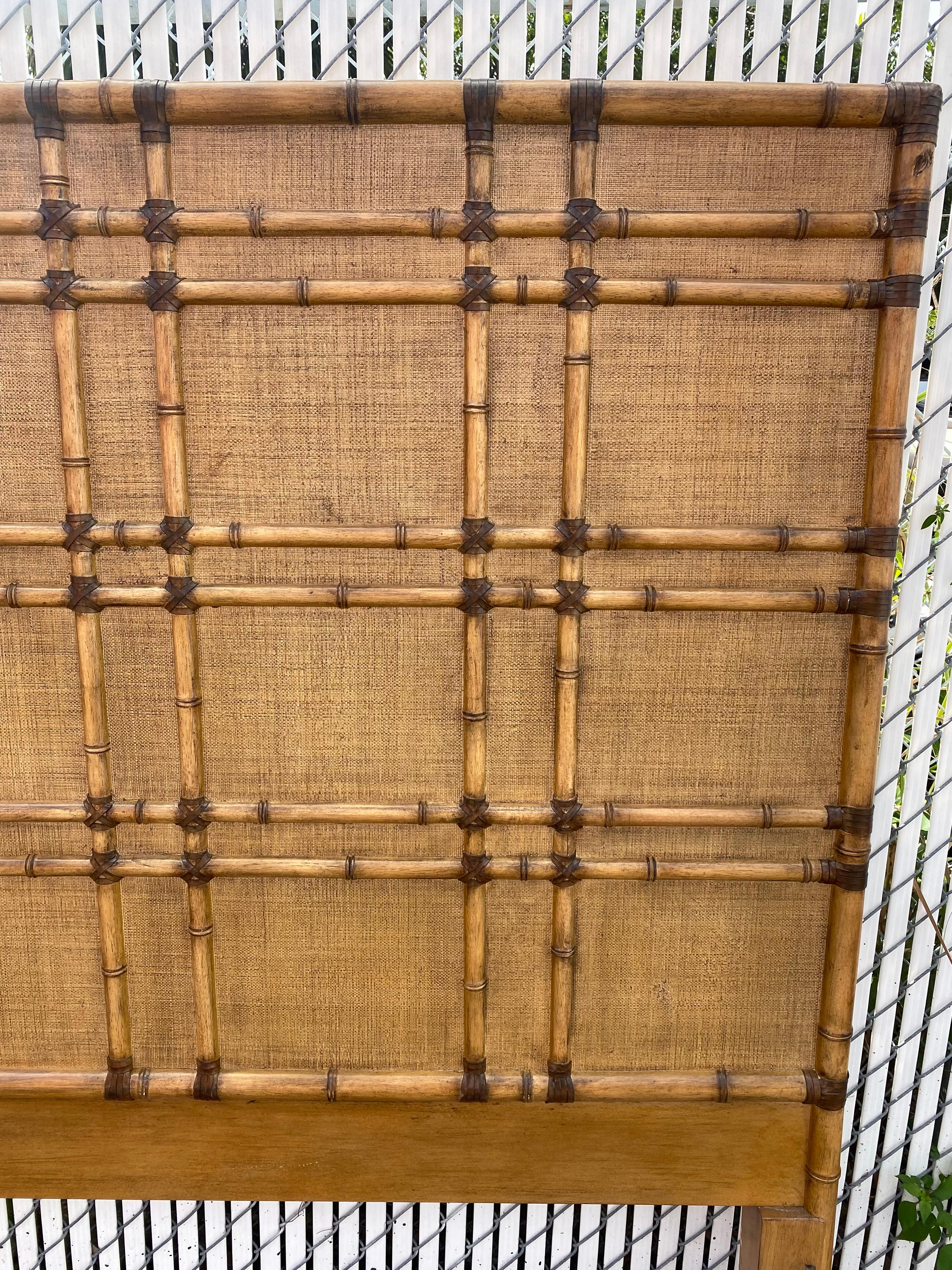 Chinoiserie 1990s Faux Rattan Bamboo Cane Leather Textured King Headboard For Sale