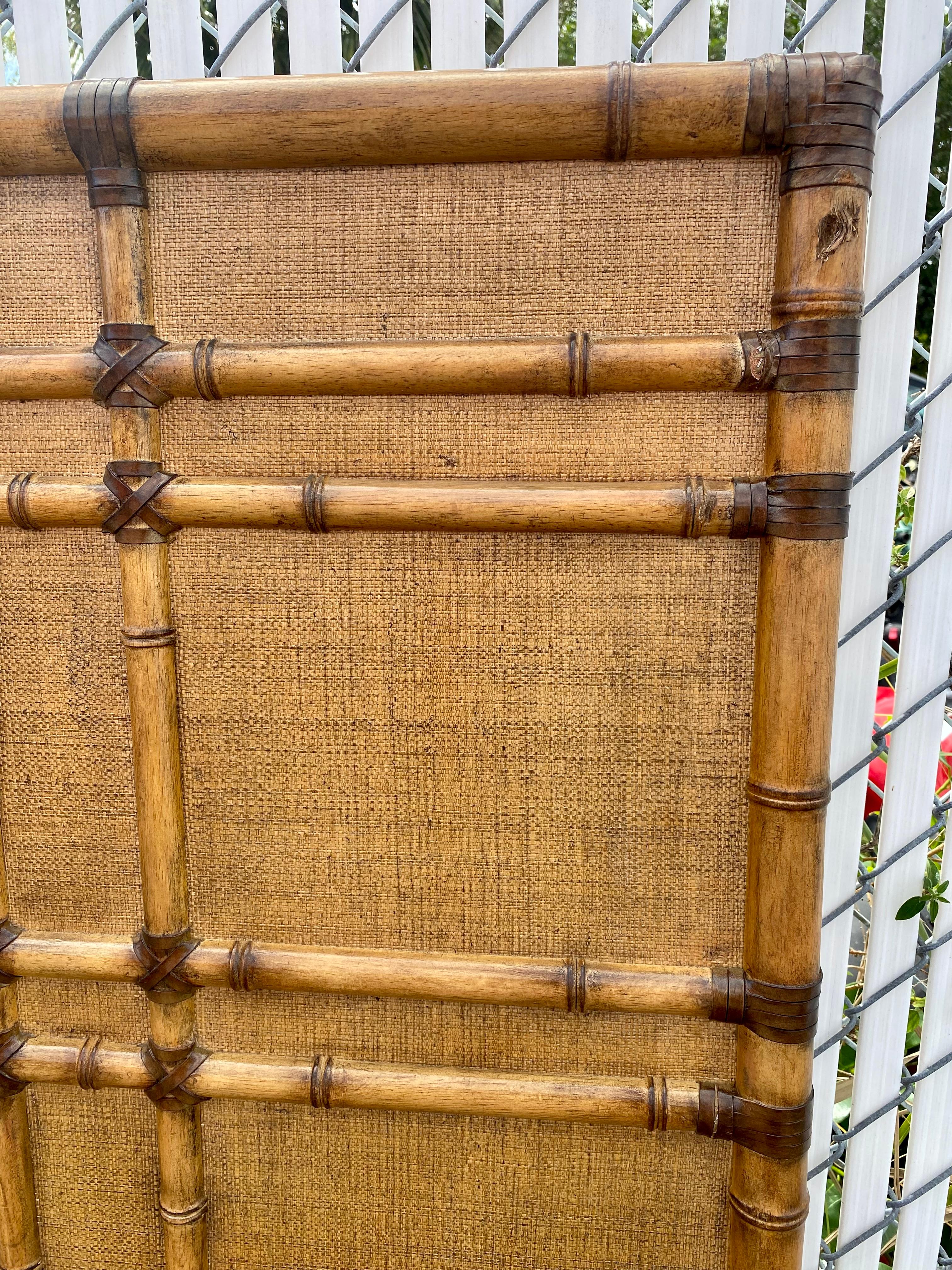 1990s Faux Rattan Bamboo Cane Leather Textured King Headboard In Good Condition For Sale In Fort Lauderdale, FL