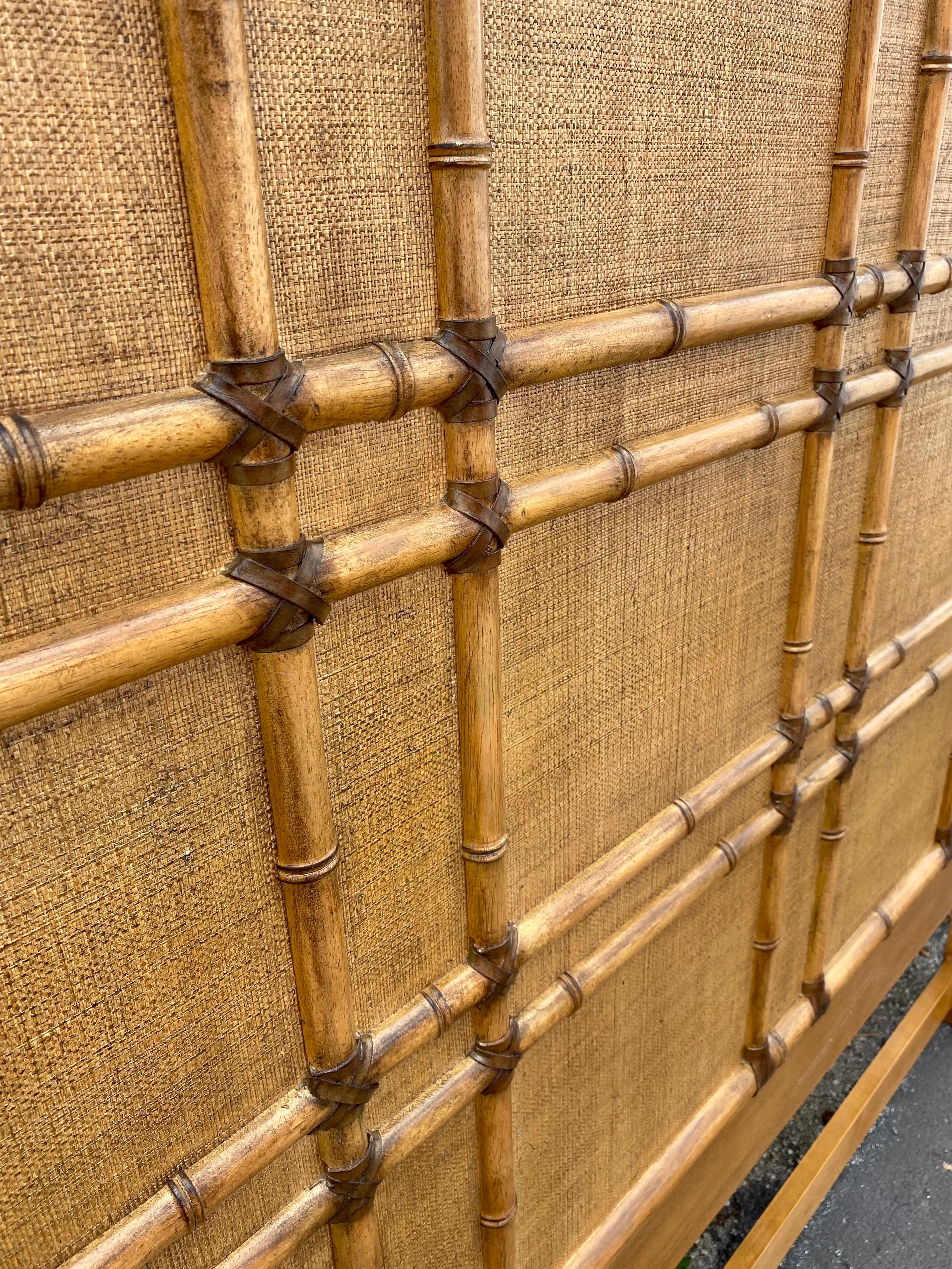 Grasscloth 1990s Faux Rattan Bamboo Cane Leather Textured King Headboard For Sale