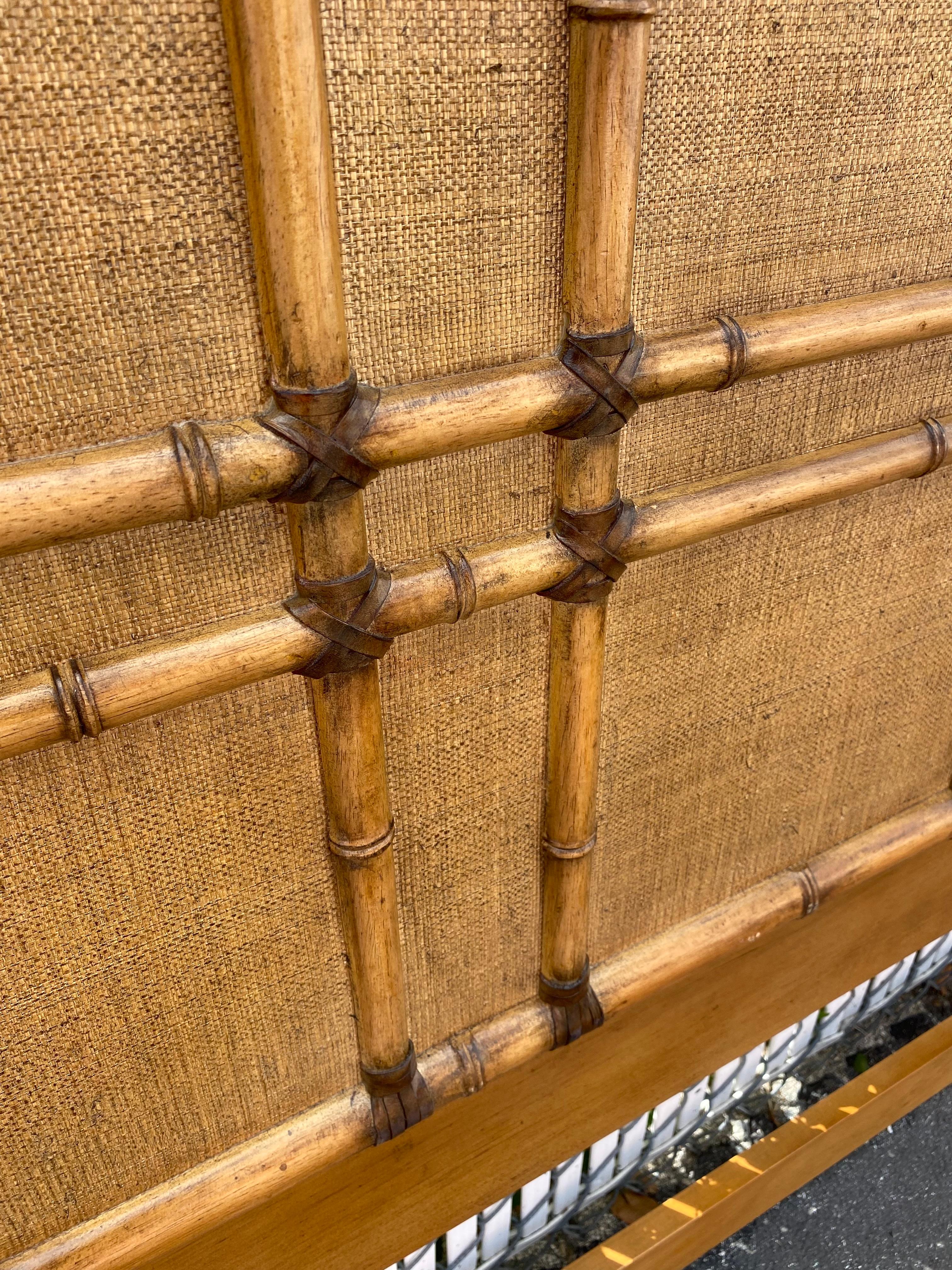 1990s Faux Rattan Bamboo Cane Leather Textured King Headboard For Sale 1