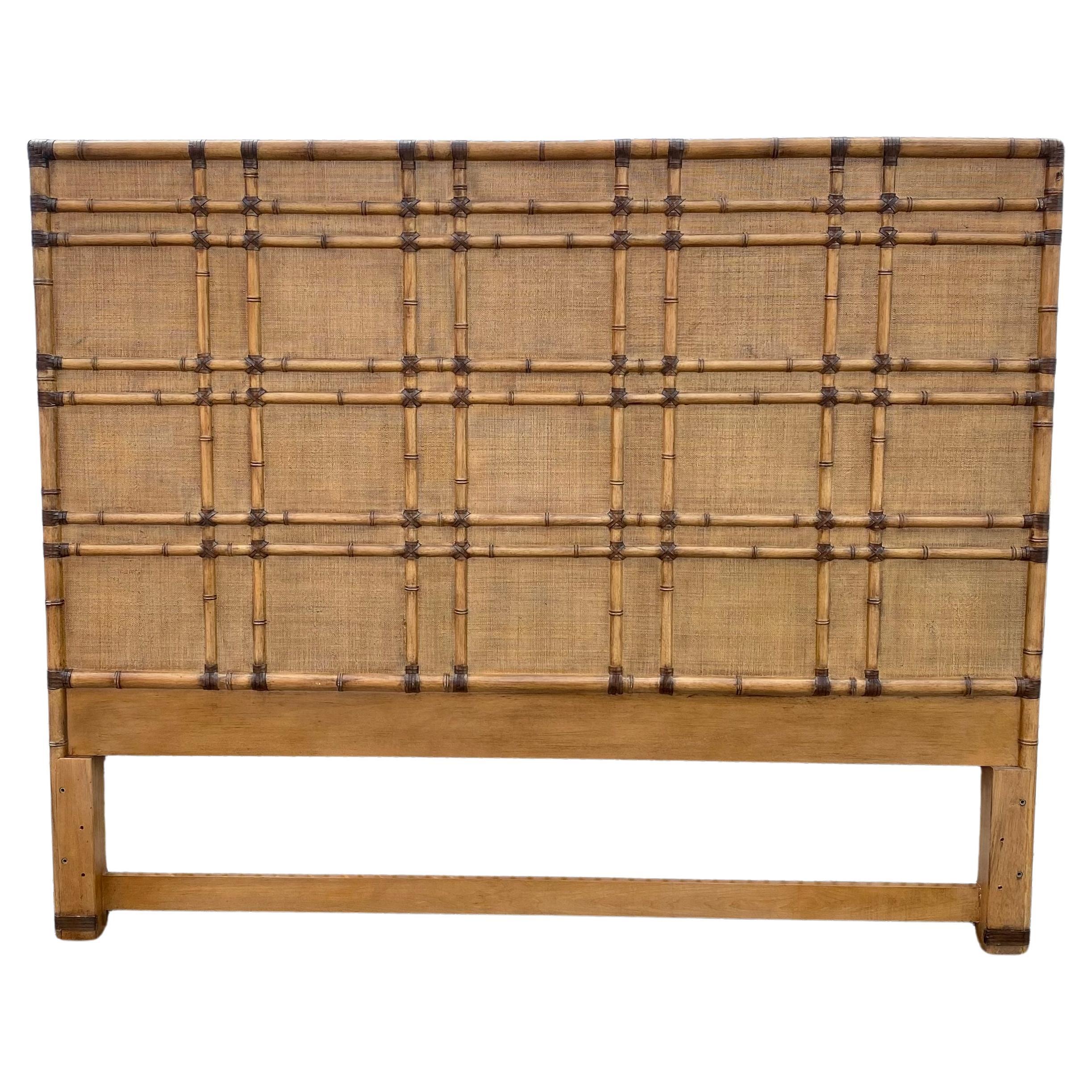 1990s Faux Rattan Bamboo Cane Leather Textured King Headboard For Sale