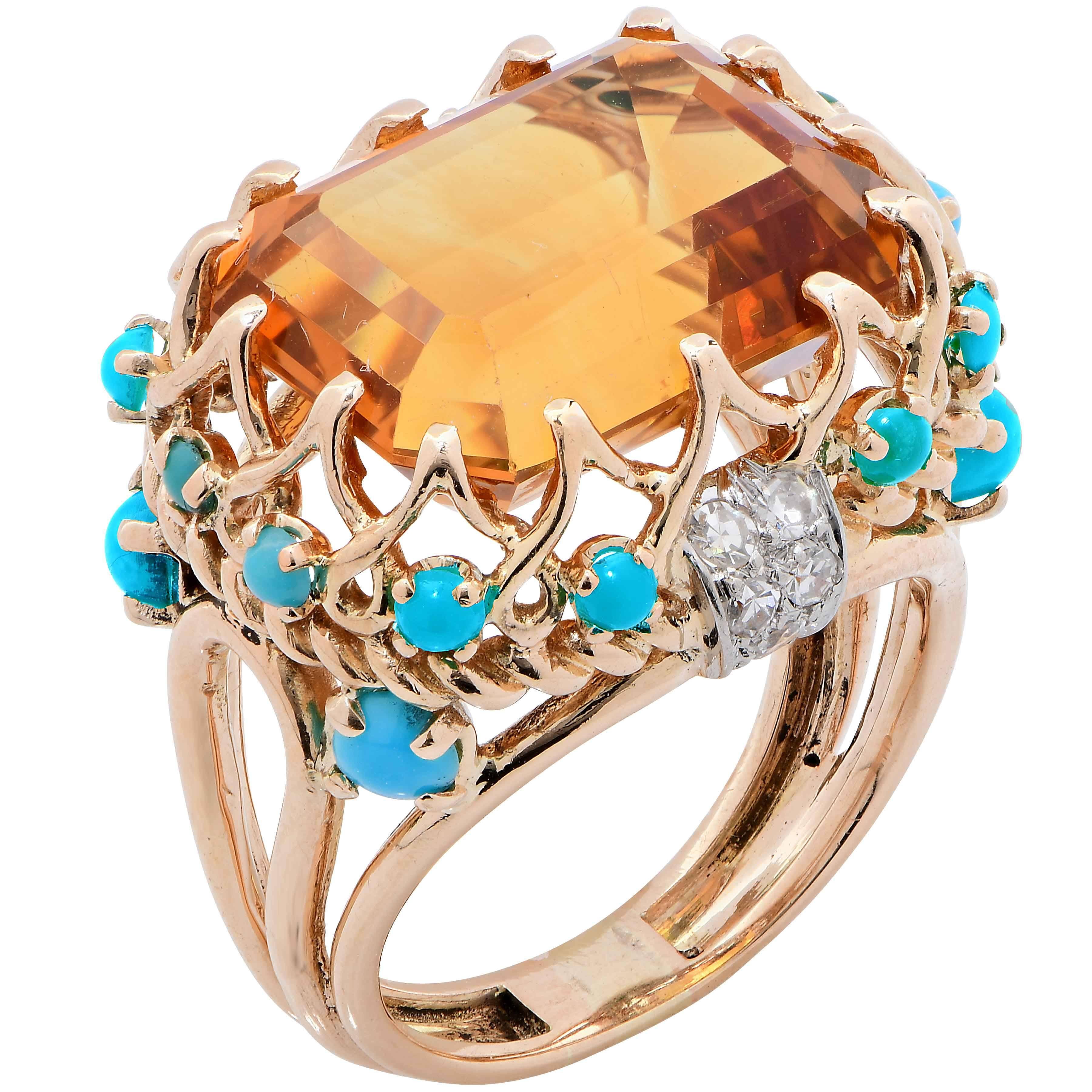 Women's 1990s Faux Turquoise Citrine Diamond Gold Ring