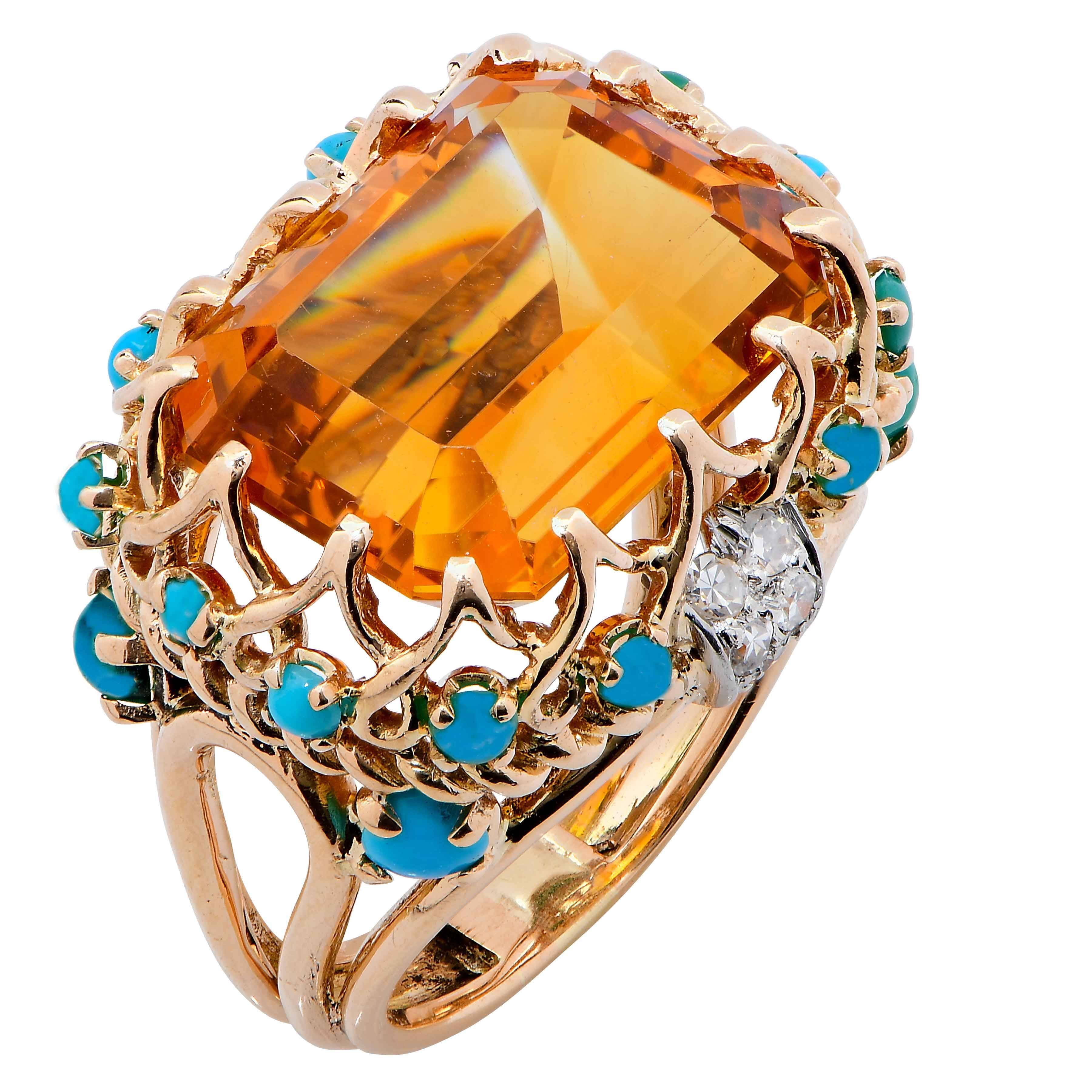 1990s Faux Turquoise Citrine Diamond Gold Ring