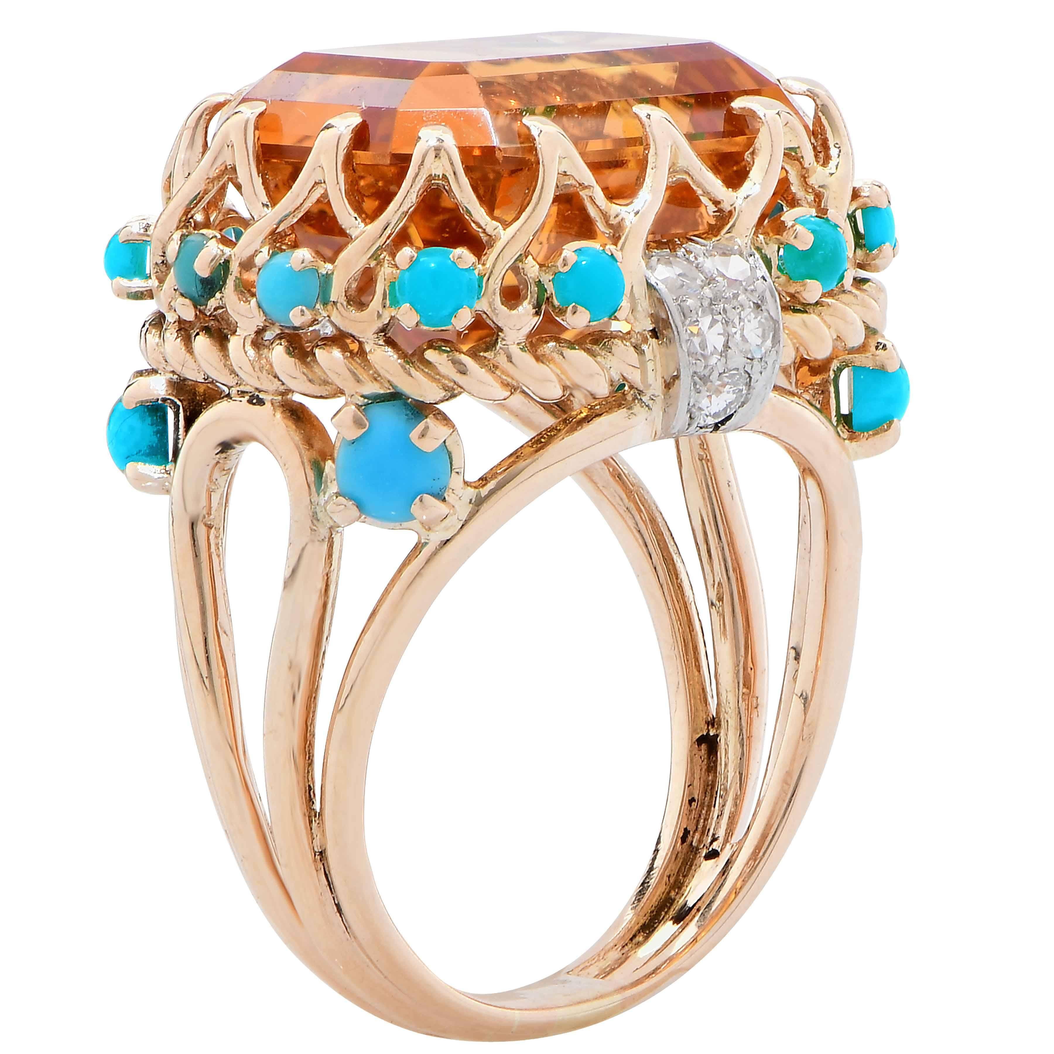 1990s Faux Turquoise Citrine Diamond Gold Ring 2