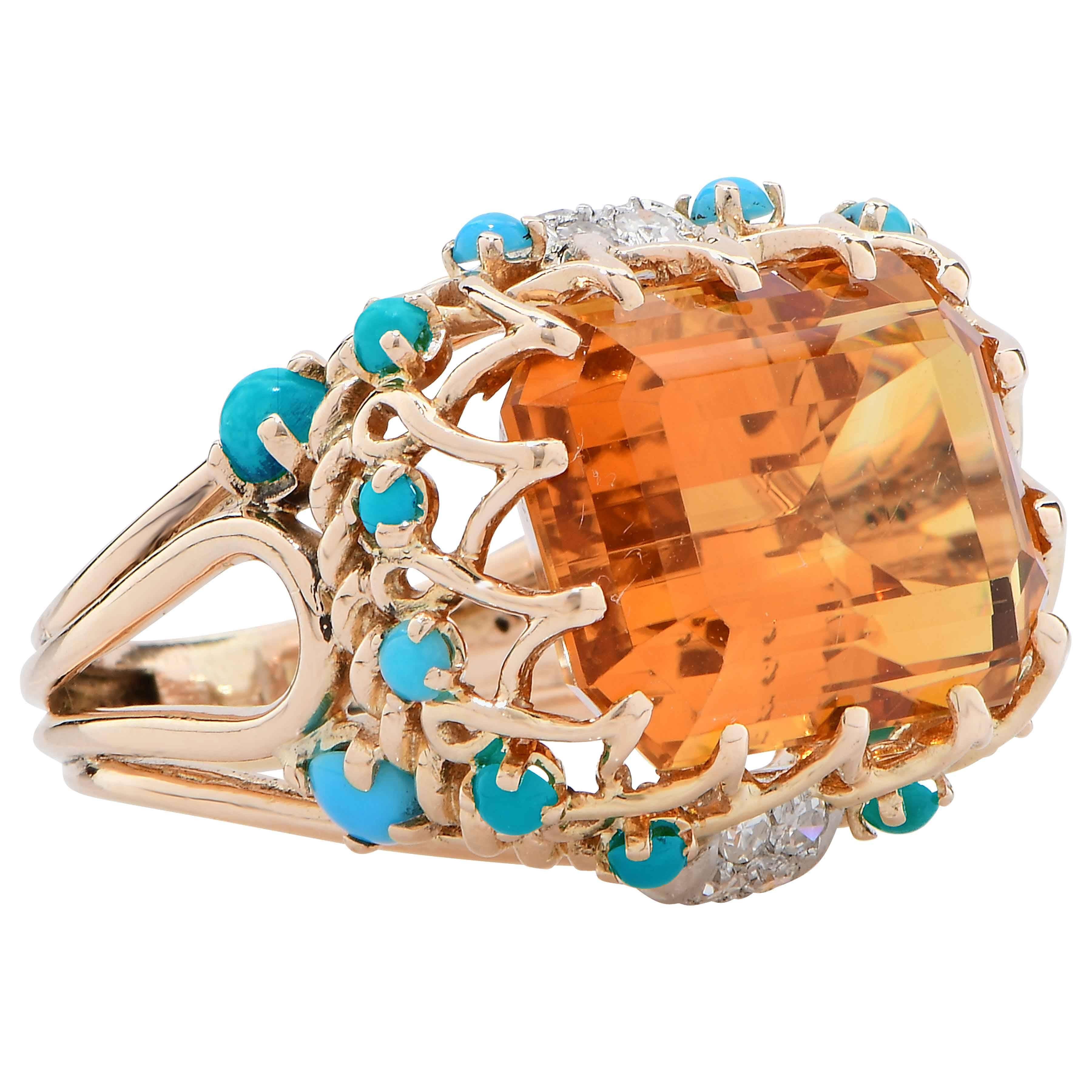 1990s Faux Turquoise Citrine Diamond Gold Ring 3