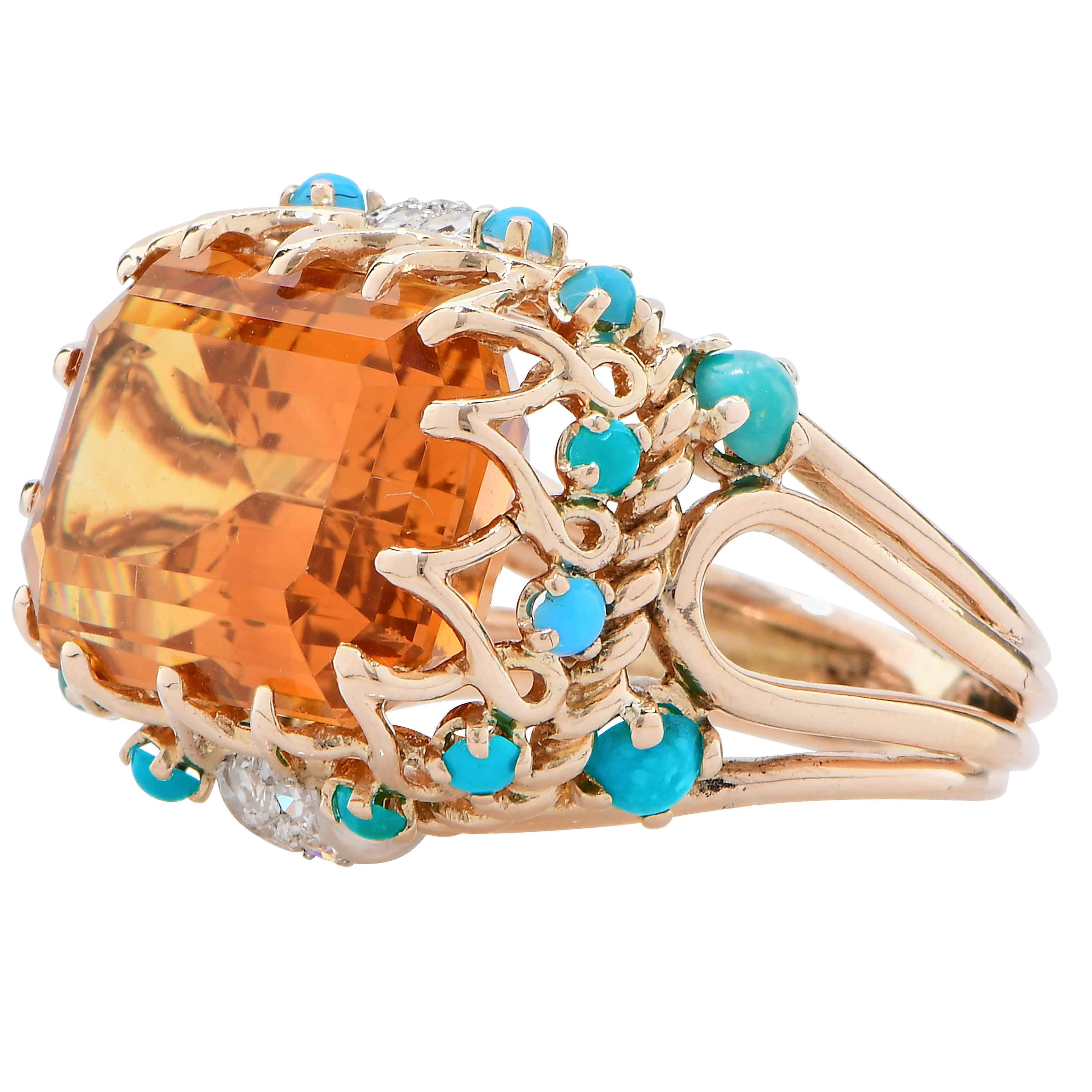 1990s Faux Turquoise Citrine Diamond Gold Ring 4
