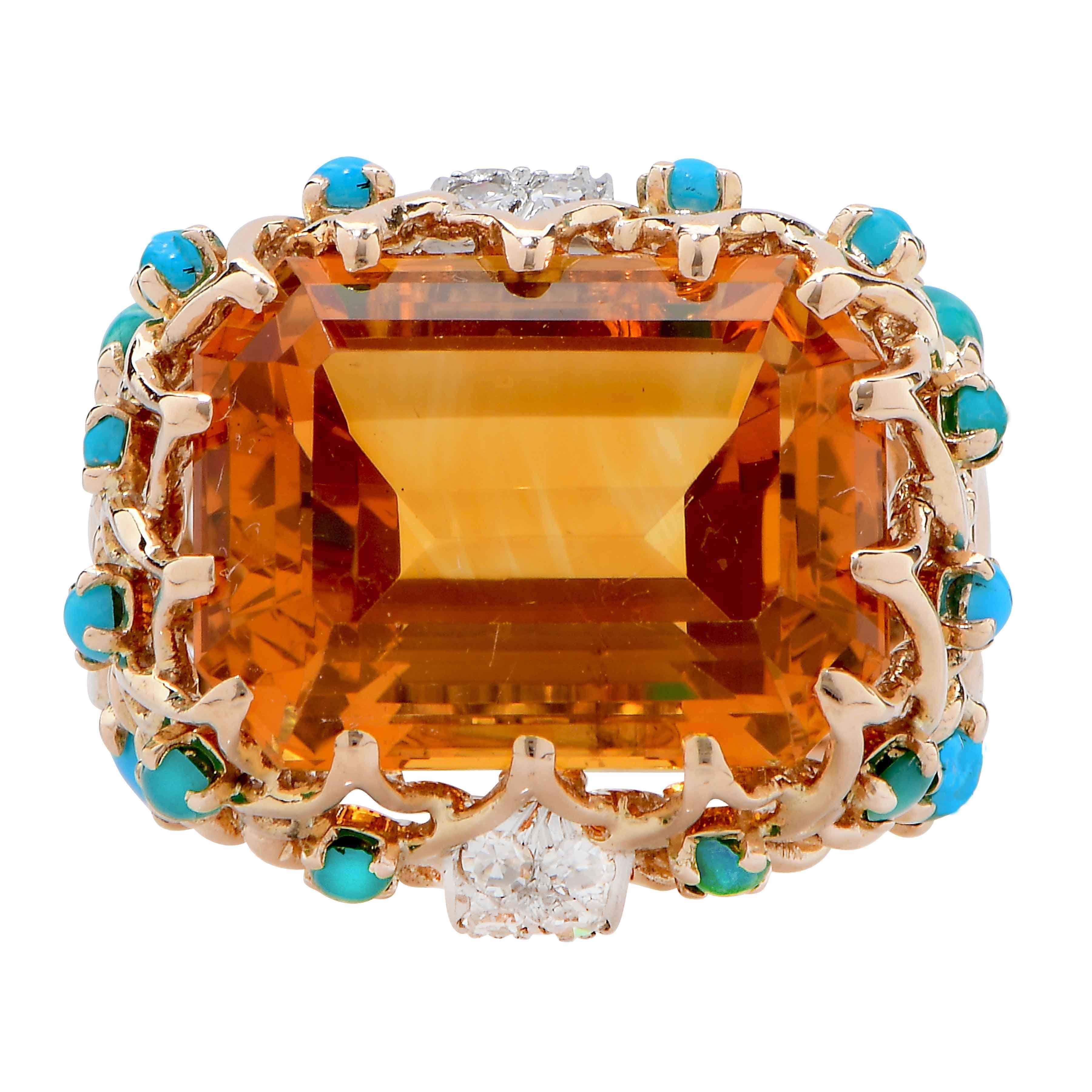 1990s Faux Turquoise Citrine Diamond Gold Ring 5