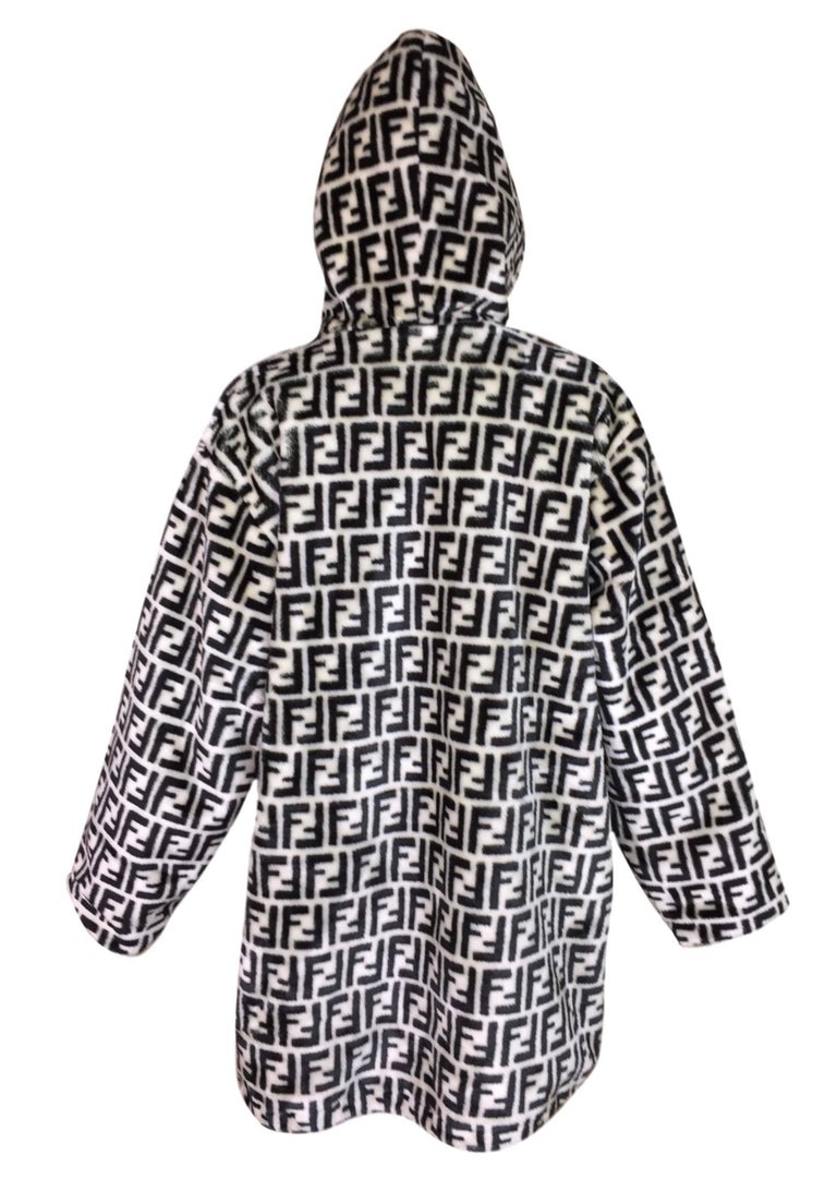 1990 s Fendi Black White Faux Fur Zucca Monogram Unisex Hooded Coat Jacket