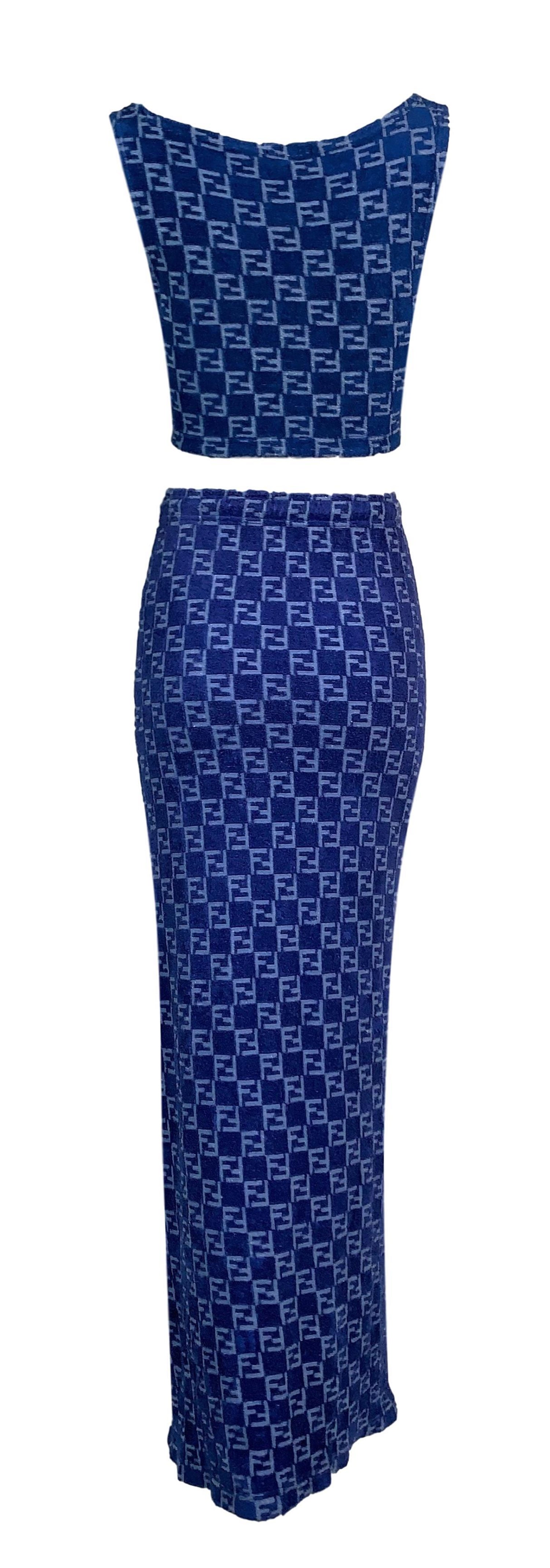 1990 S Fendi Blue Monogram Zucca Logo Terry Crop Top And Long Skirt Set At 1stdibs Fendi Skirt Set Fendi Blue Set Fendi Skirt And Crop Top