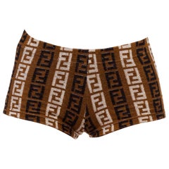1990S FENDI Brown & Beige Cotton Blend Terry Cloth Logo Shorts