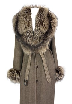 1990s Fendi by Karl Lagerfeld Brown Herringbone FF Logo Fox Fur Trim Coat