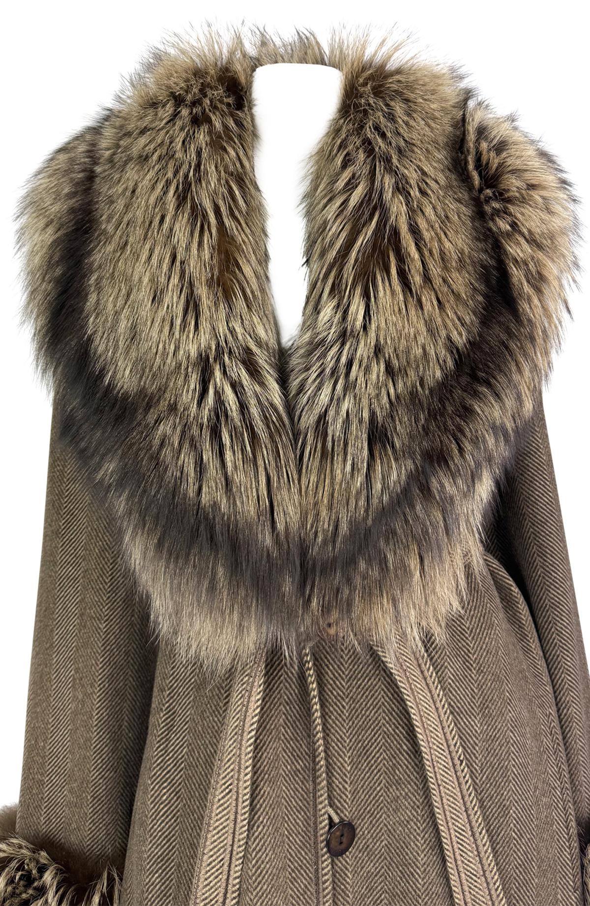 Black 1990s Fendi by Karl Lagerfeld Brown Herringbone FF Logo Fox Fur Trim Coat For Sale