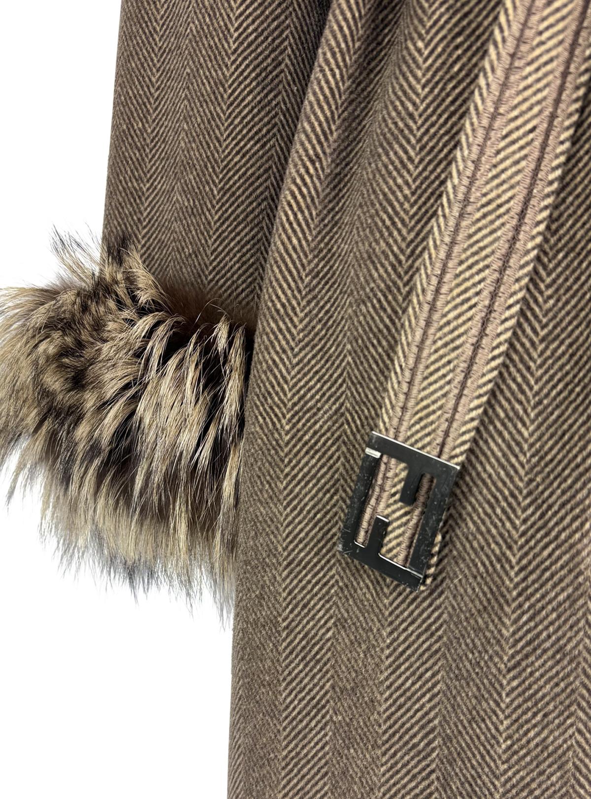 1990s Fendi by Karl Lagerfeld Brown Herringbone FF Logo Fox Fur Trim Coat In Good Condition For Sale In West Hollywood, CA