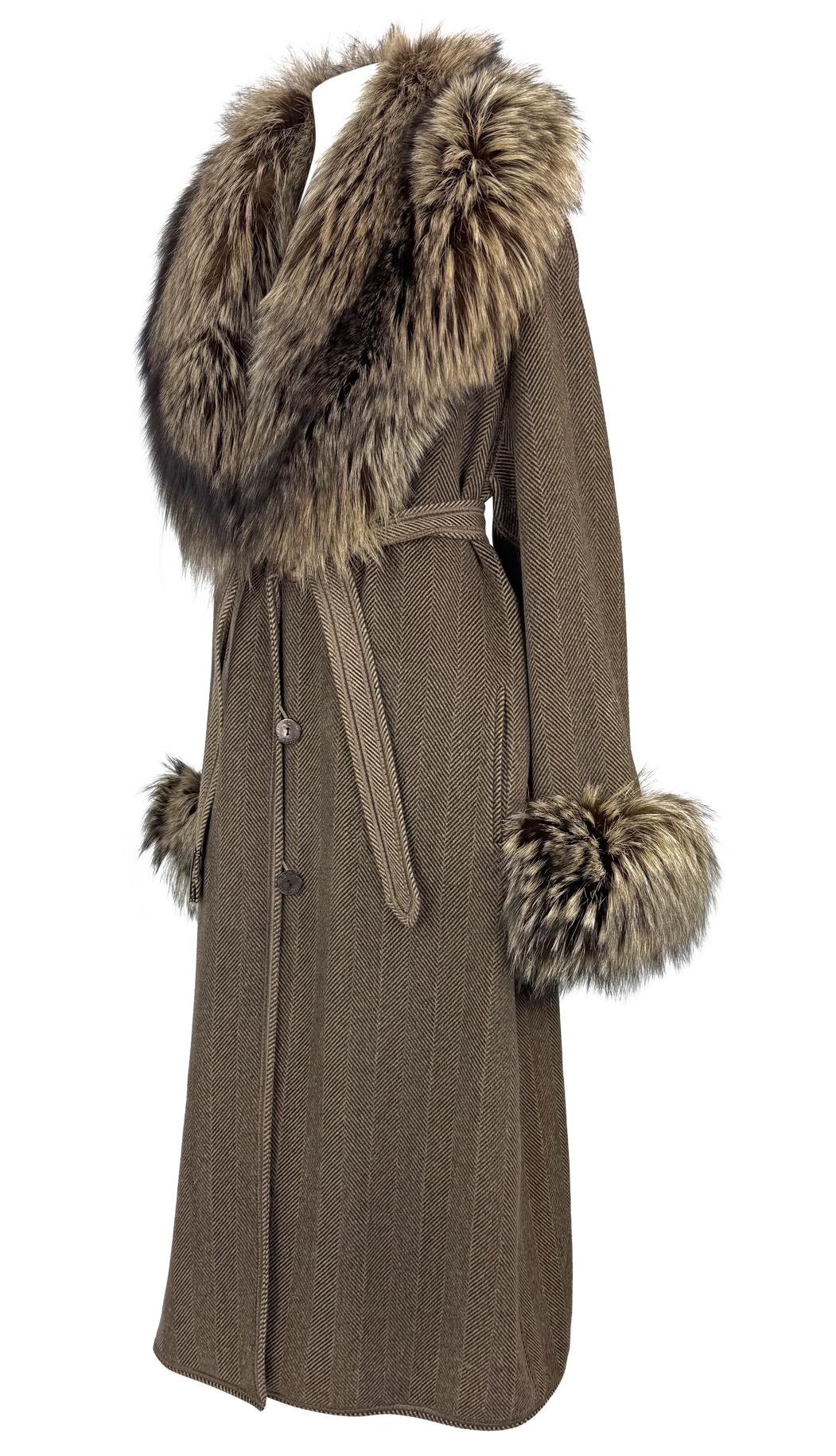 Women's 1990s Fendi by Karl Lagerfeld Brown Herringbone FF Logo Fox Fur Trim Coat For Sale