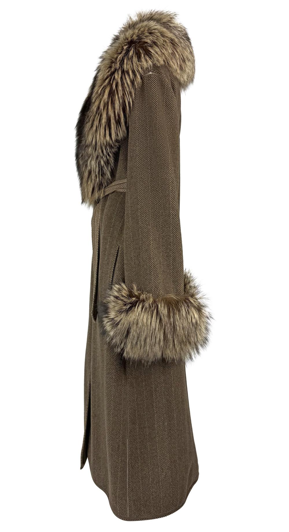 1990s Fendi by Karl Lagerfeld Brown Herringbone FF Logo Fox Fur Trim Coat For Sale 1