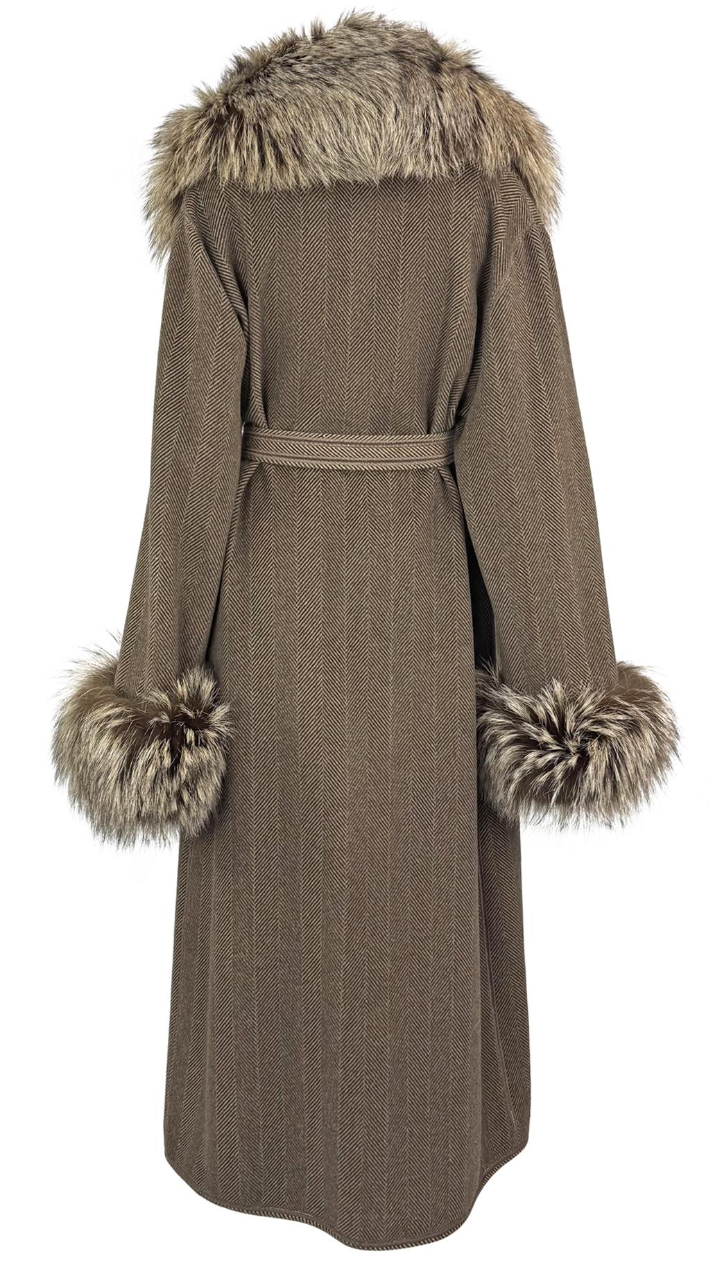 1990s Fendi by Karl Lagerfeld Brown Herringbone FF Logo Fox Fur Trim Coat For Sale 2