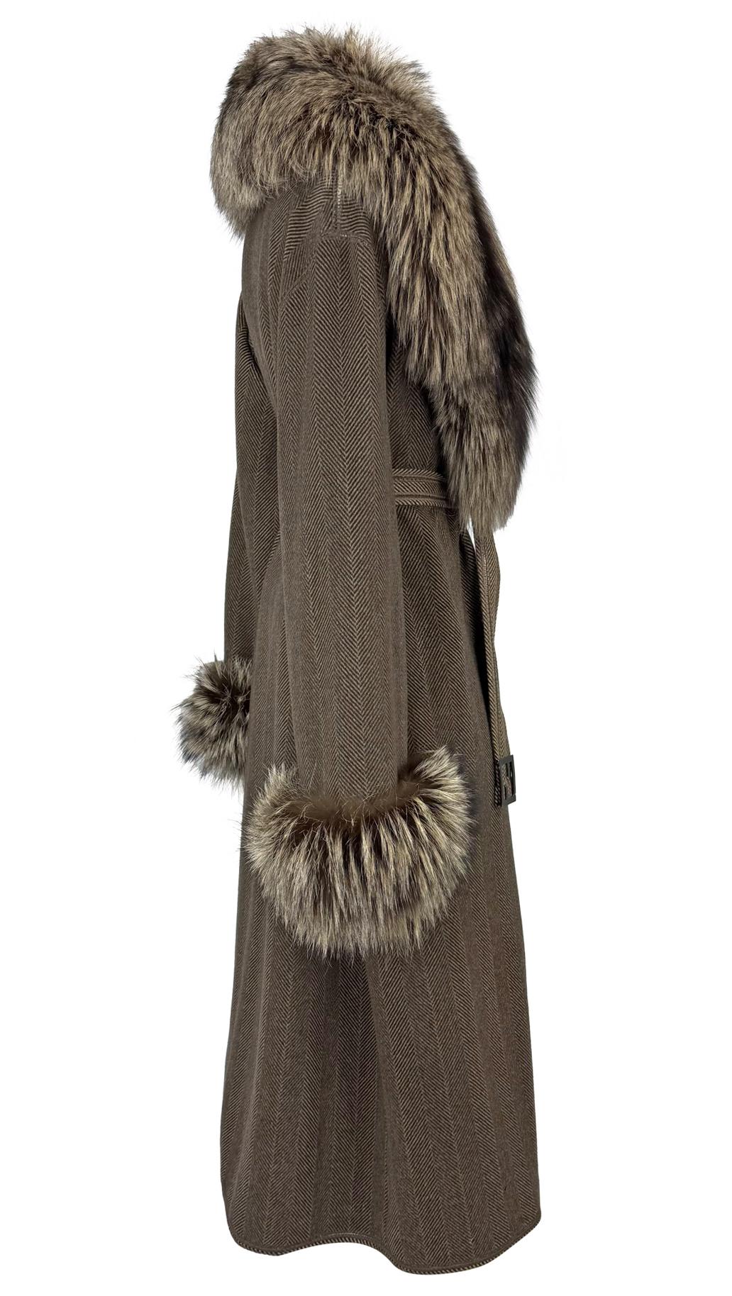 1990s Fendi by Karl Lagerfeld Brown Herringbone FF Logo Fox Fur Trim Coat For Sale 3