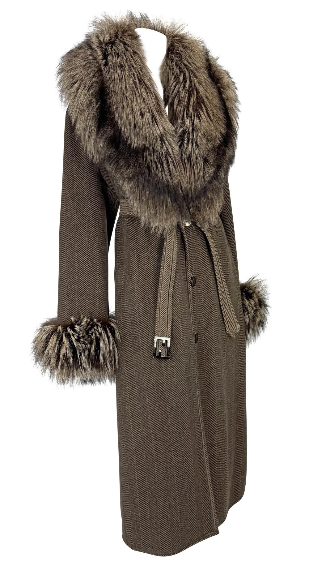 1990s Fendi by Karl Lagerfeld Brown Herringbone FF Logo Fox Fur Trim Coat For Sale 4