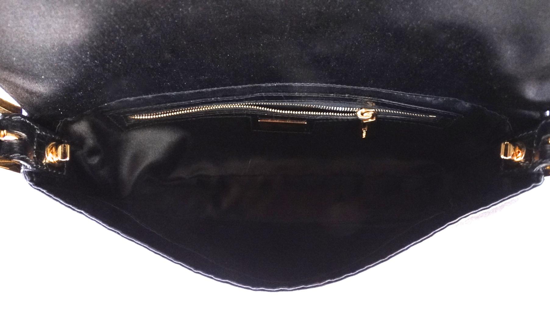 1990s Fendi Crystal Logo Black Silk Baguette  4