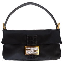1990s Fendi Crystal Logo Black Silk Baguette